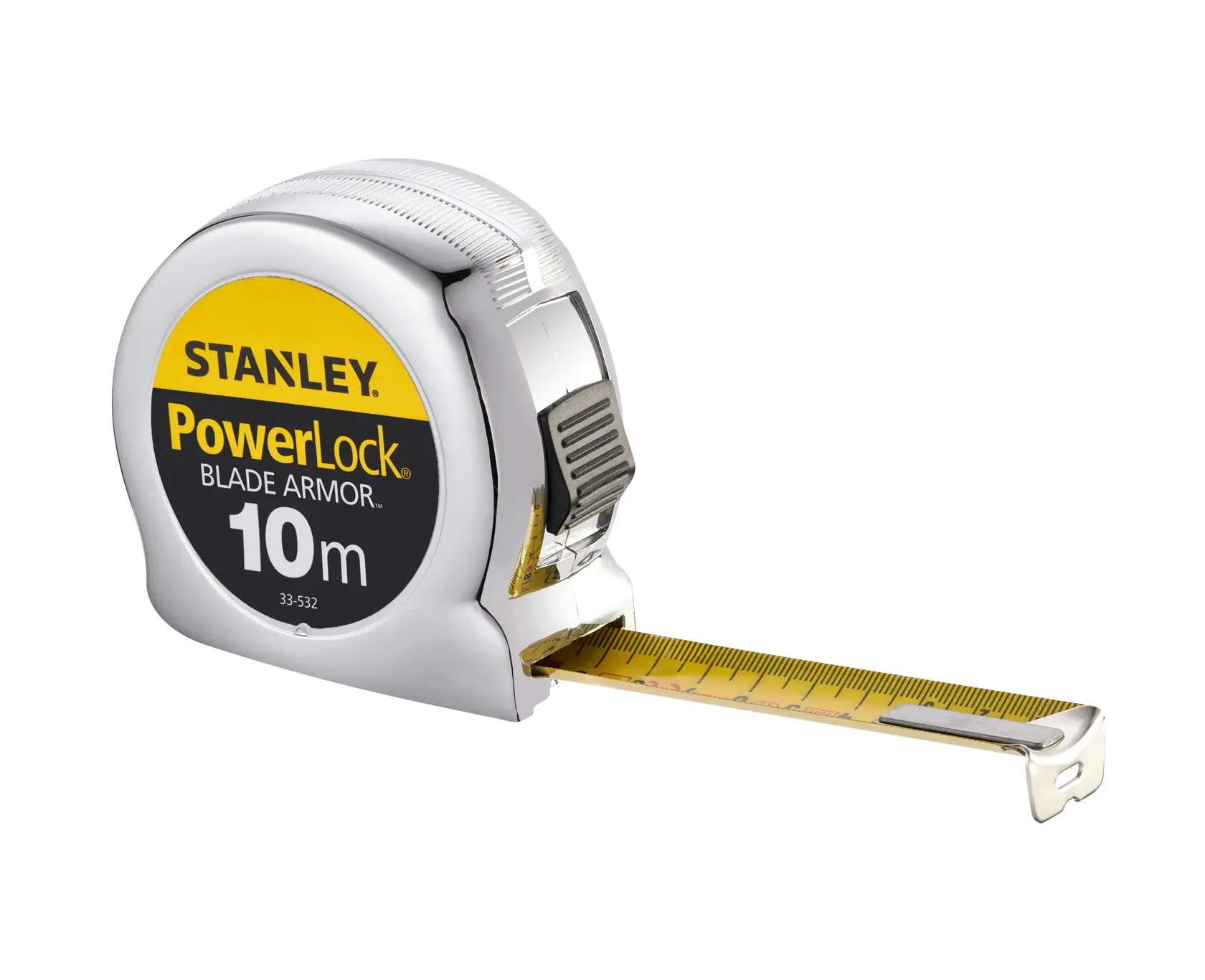 STANLEY 0-33-532 mètre ruban, corps chromé, lame jaune 10m, PowerLock Blade Armor, vue de face sur fond blanc.