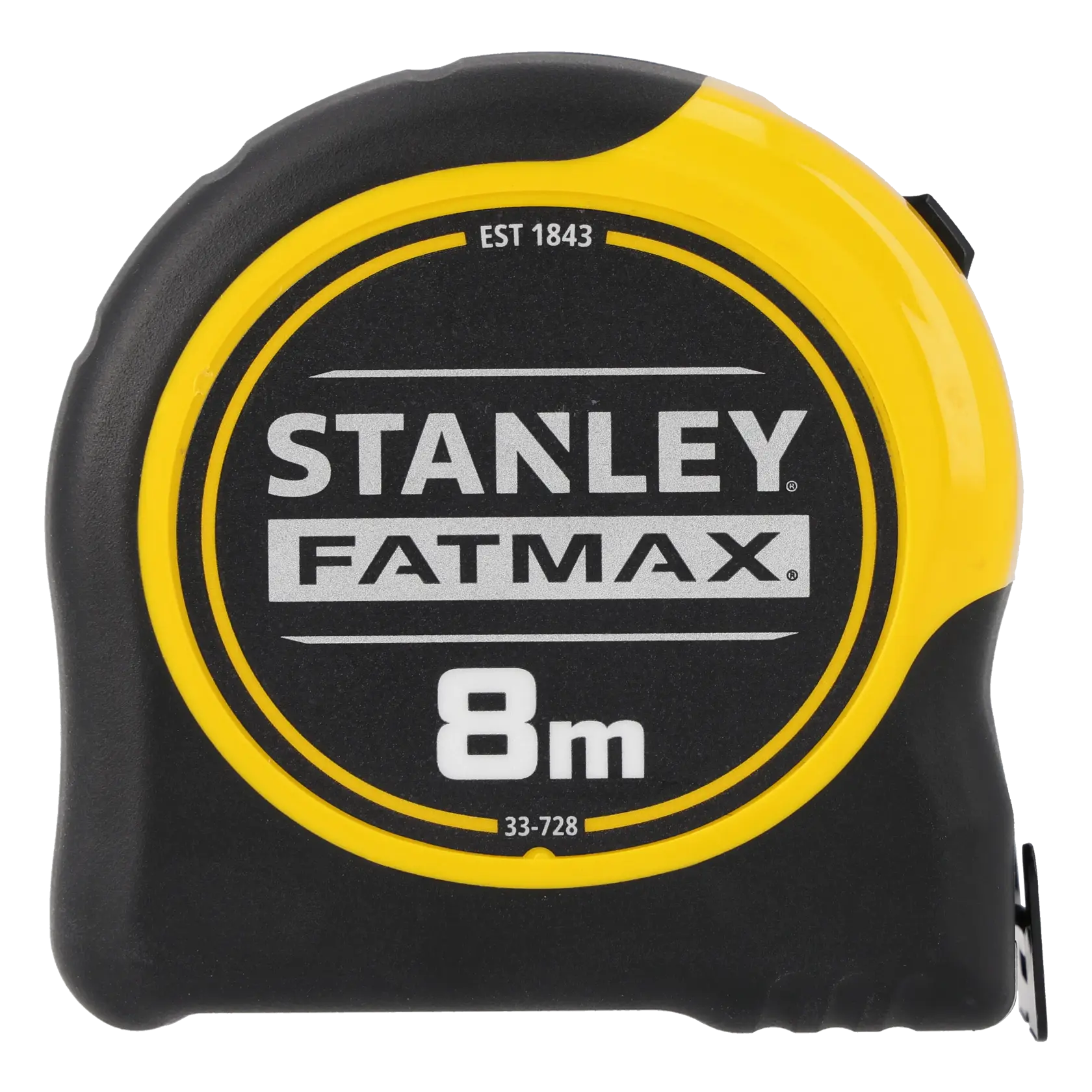Mètre ruban Stanley 0-33-728, série FATMAX, boîtier noir et jaune, vue de face, longueur 8 mètres.