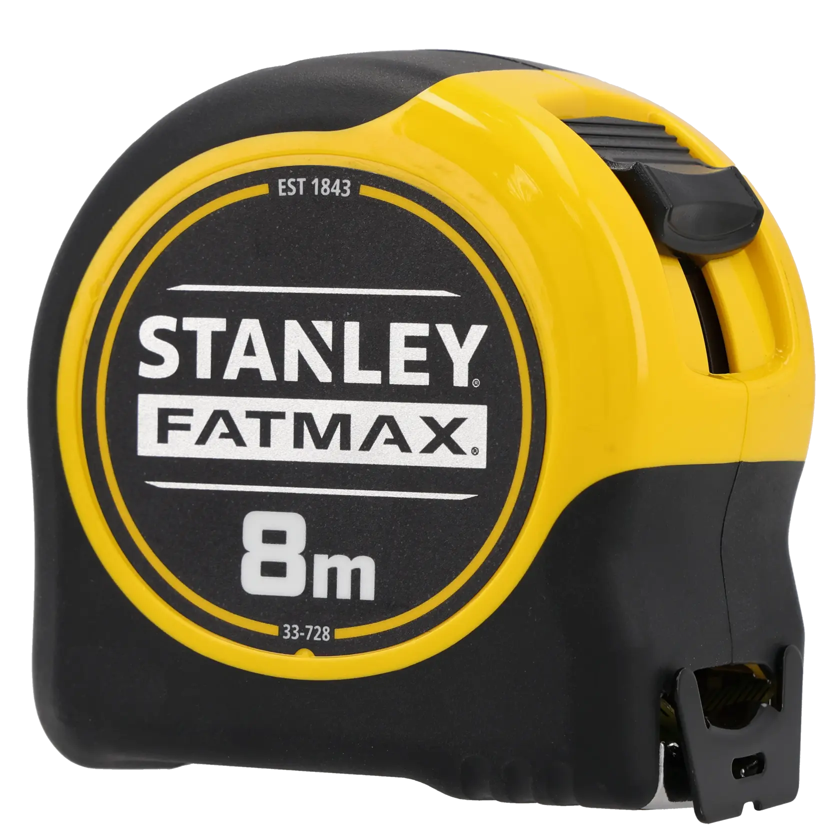 STANLEY 0-33-728 mètre ruban, 8 mètres, série FATMAX, noir et jaune, vue de face sur fond blanc.