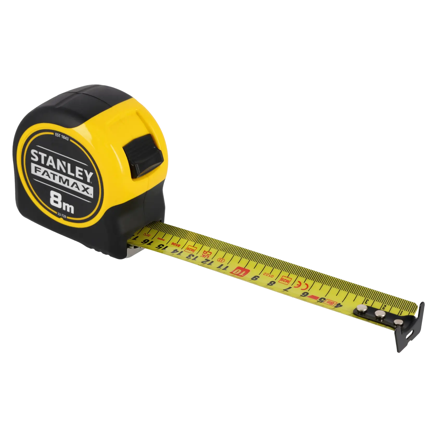 STANLEY 0-33-728 mètre ruban, FATMAX 8m, boîtier noir et jaune, lame jaune déployée, vue de face.