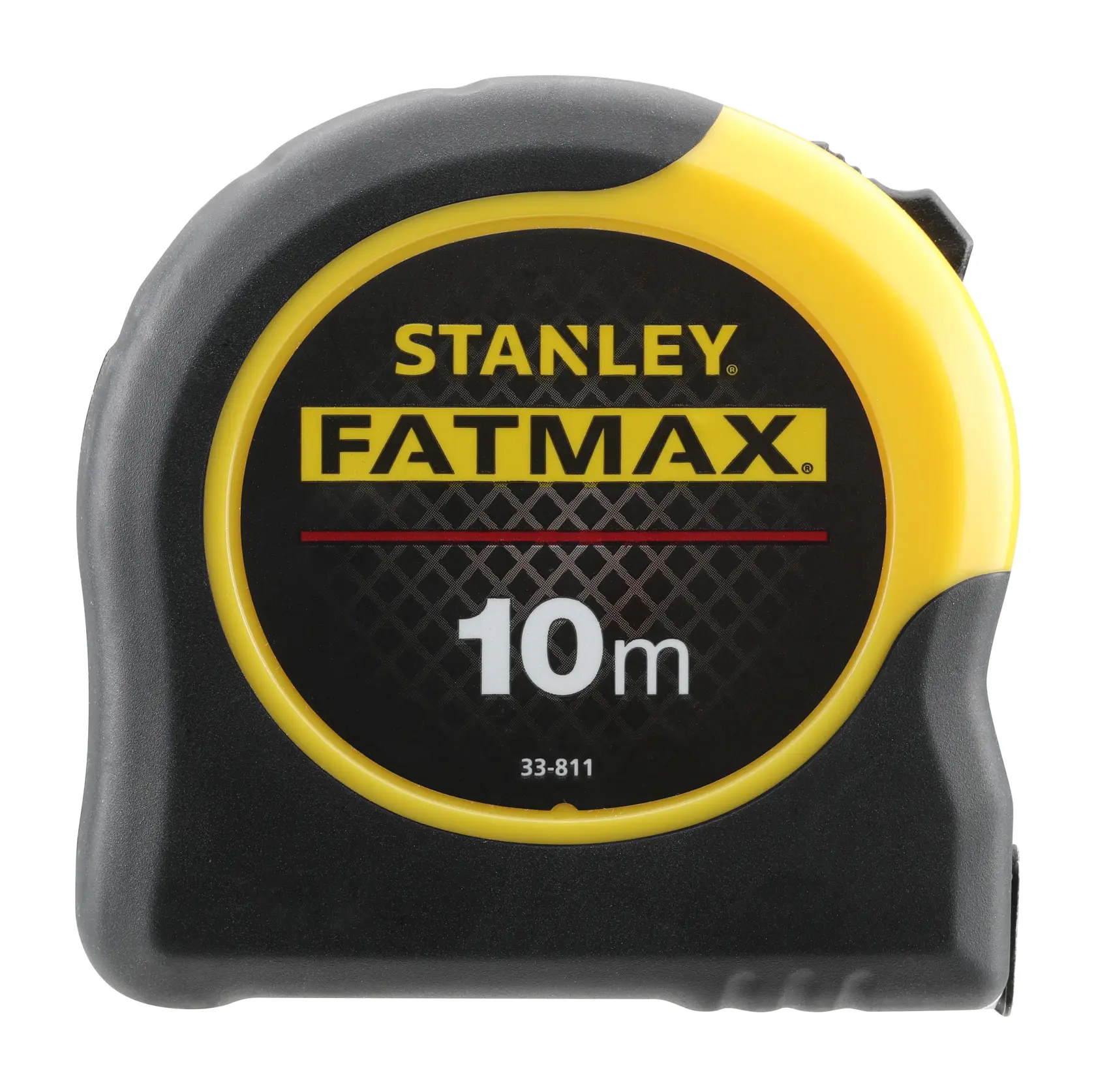 STANLEY 0-33-811 FATMAX mètre ruban 10m, boîtier noir et jaune, vue de face du produit, fond blanc.