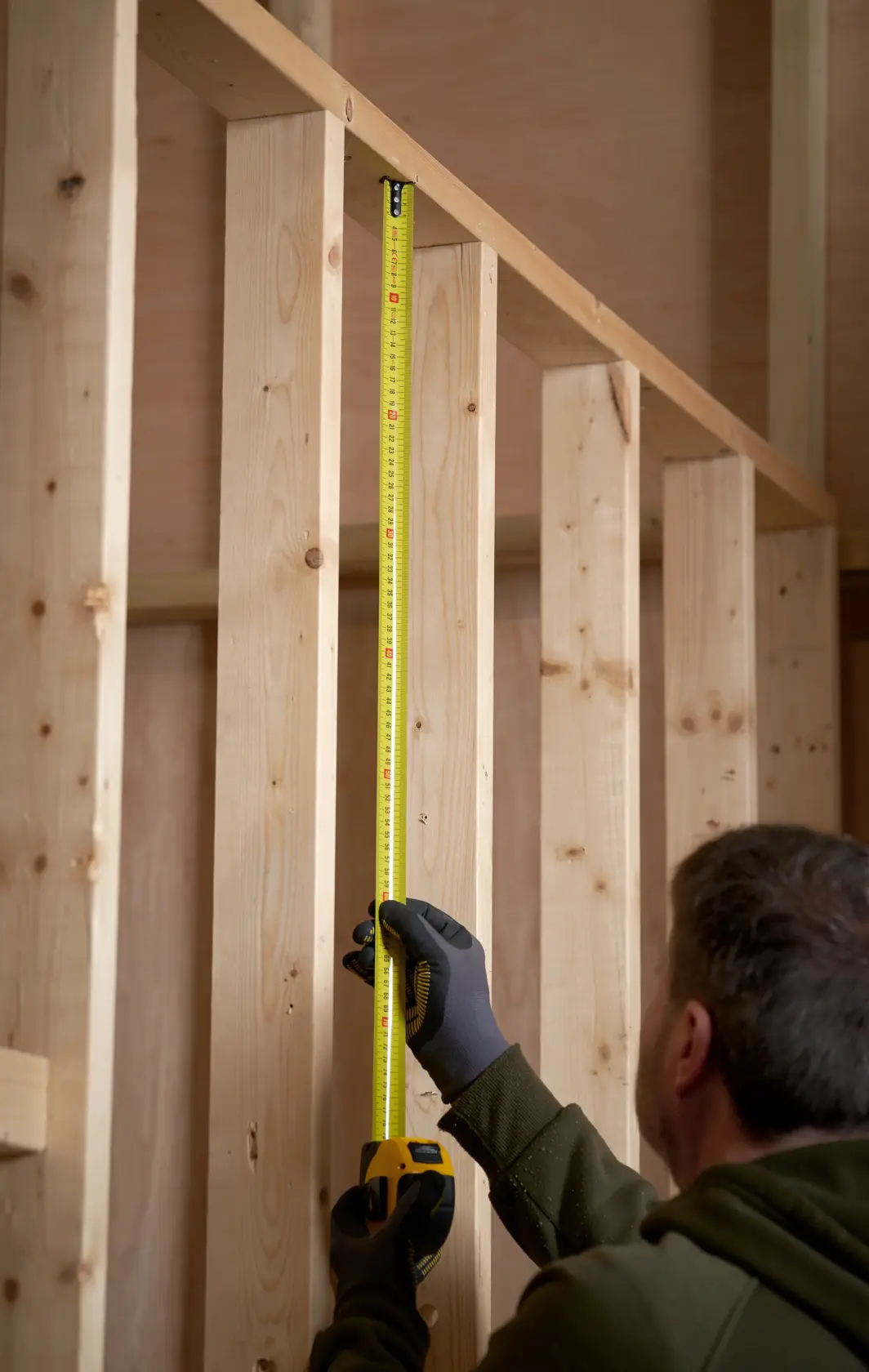 STANLEY 0-33-811 mètre ruban mesurant une poutre en bois verticale dans un contexte de construction.