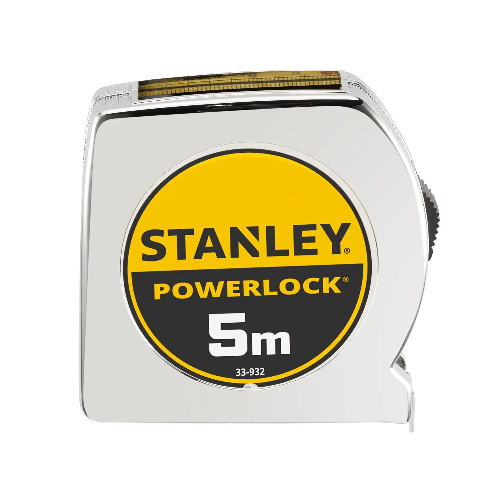 Photo of STANLEY 0-33-932 PowerLock 5m tape measure, front view, silver and yellow casing.