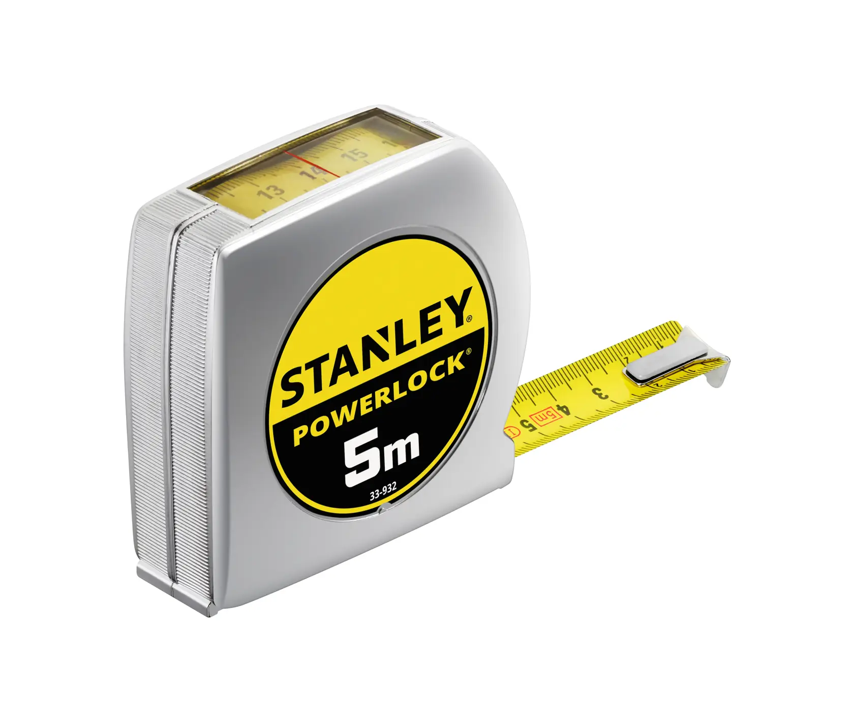 STANLEY 0-33-932 PowerLock 5m tape measure, silver and yellow, angled on white background.