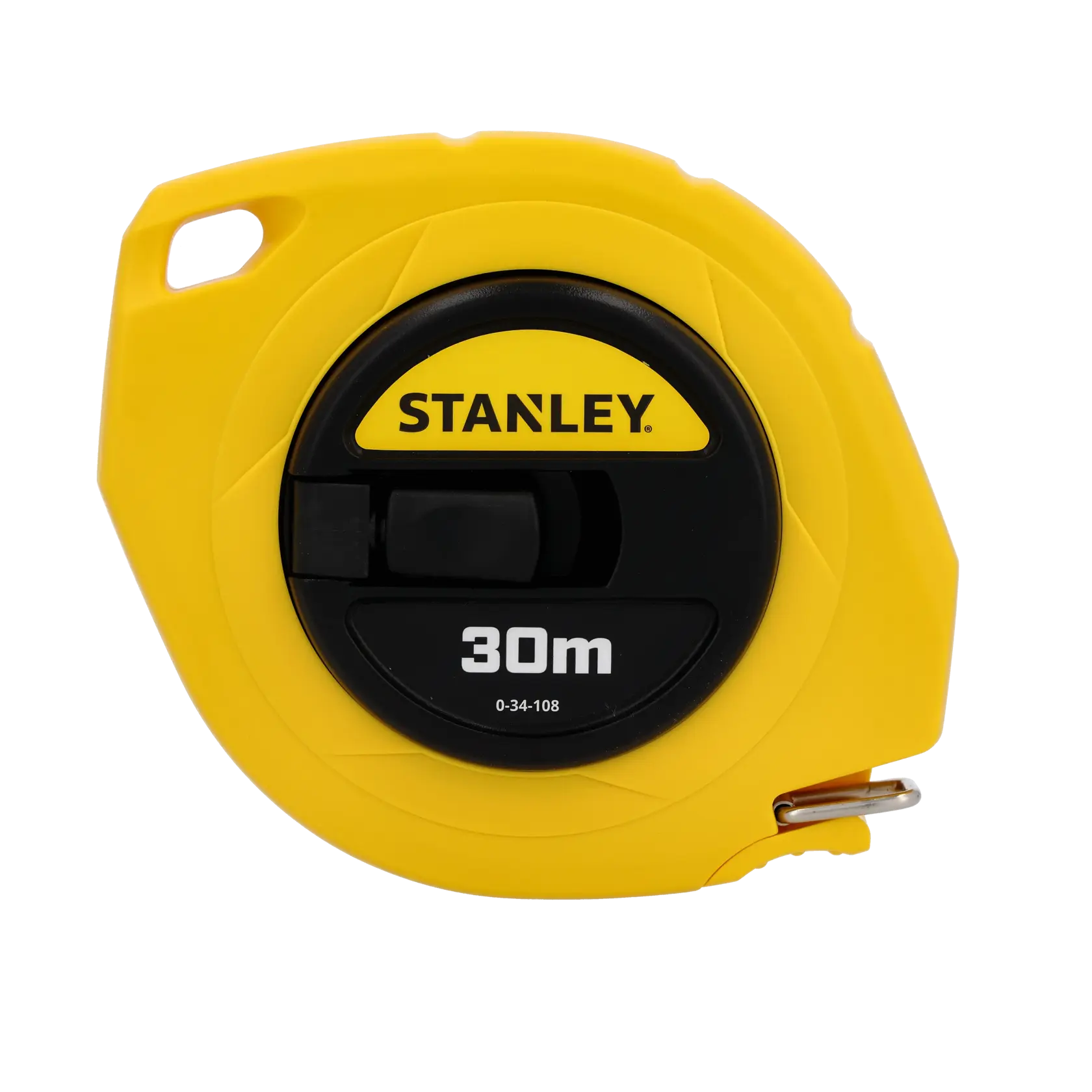 Photo du mètre ruban jaune STANLEY 0-34-108 30m, angle avant, centre noir, boucle et clip visibles.