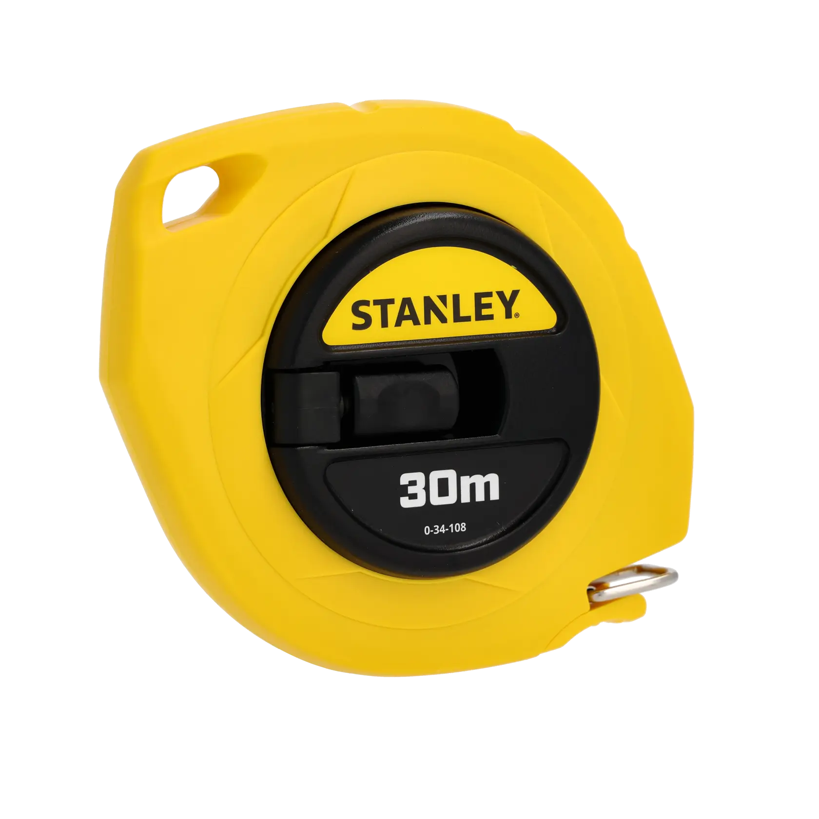 Photo du ruban à mesurer en fibre de verre jaune Stanley 0-34-108, 30m, vue en angle sur fond blanc.