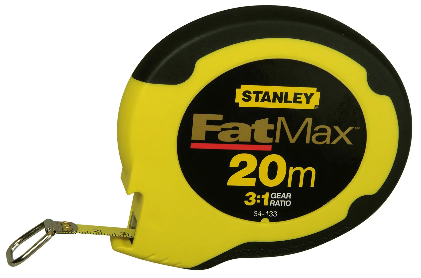 Mètre ruban Stanley FatMax 20m, boîtier jaune et noir, crochet métallique visible.