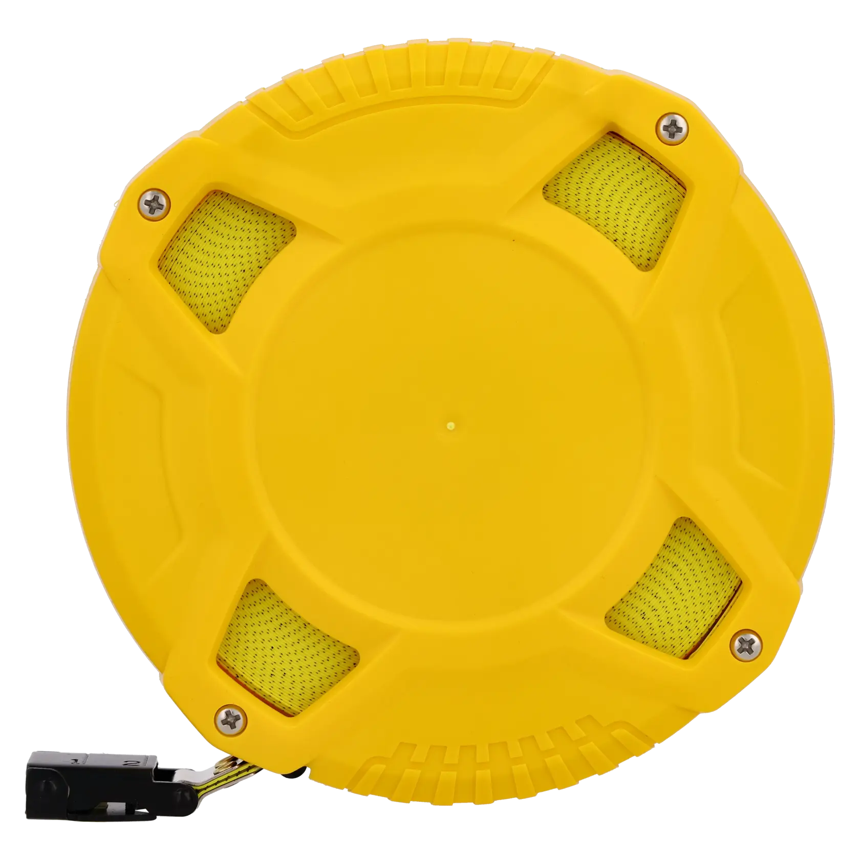 STANLEY 0-34-296 ruban à mesurer enroulé jaune, vue de dessus, boîtier plastique robuste et extrémités du ruban visibles.