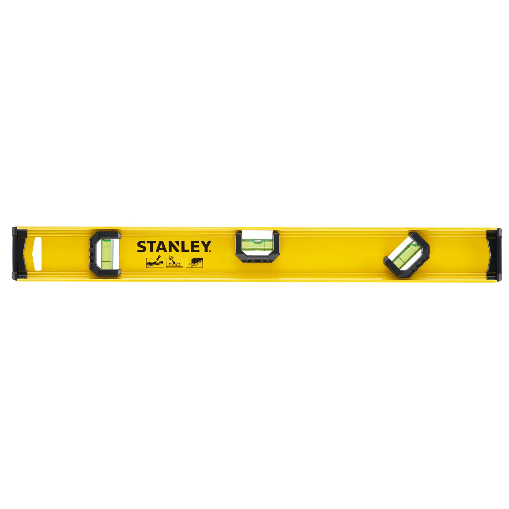 Photographie du niveau à bulle STANLEY 0-42-073 jaune avec trois fioles, vue de face du produit.