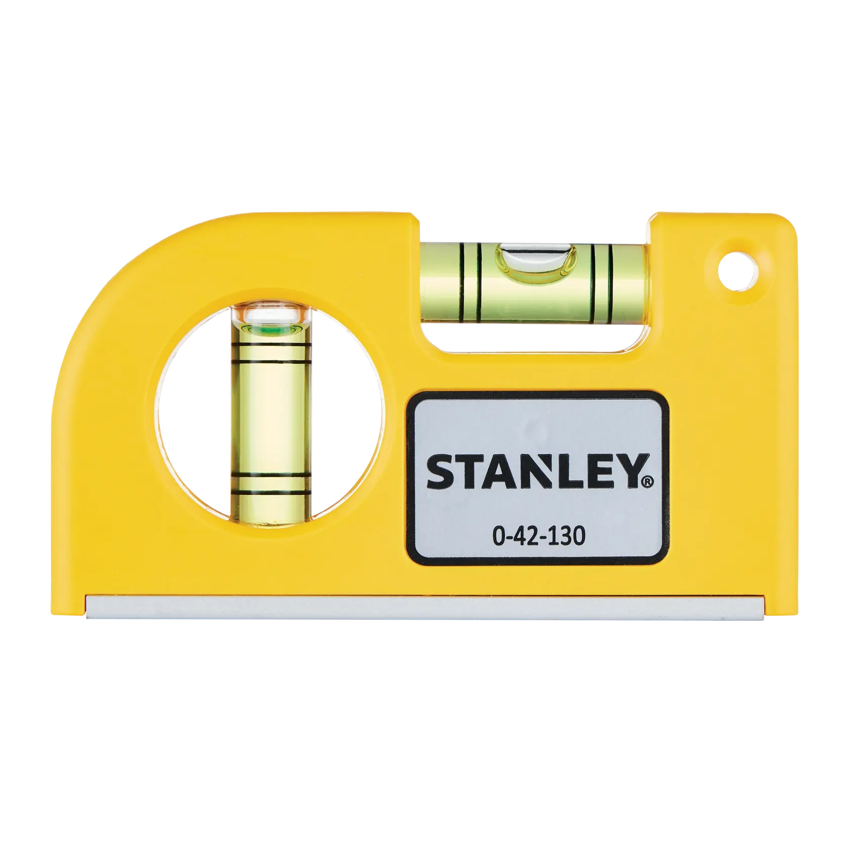 Stanley 0-42-130 niveau à bulle jaune, vue de face, compact avec fioles horizontales et verticales.