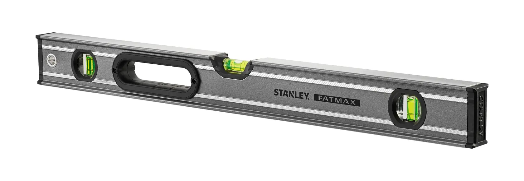 Photo of STANLEY 0-43-624 spirit level, silver with black handle, three vials, angled on white background.