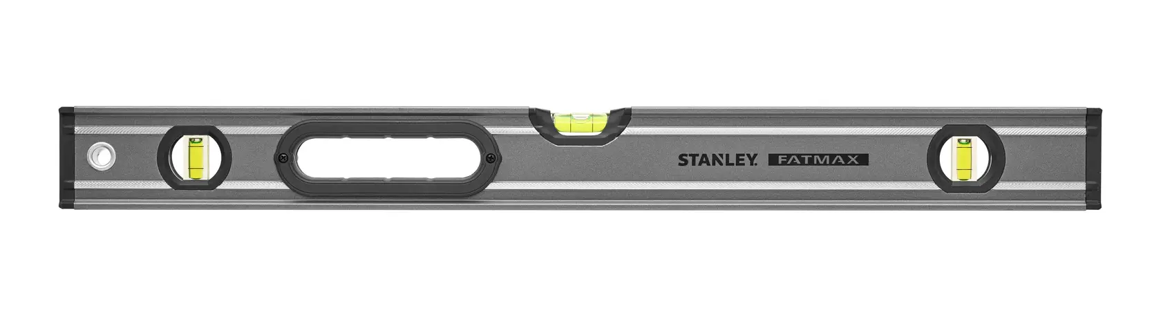 Photo of STANLEY 0-43-624 spirit level tool, silver with black accents, front angle, with three vials.