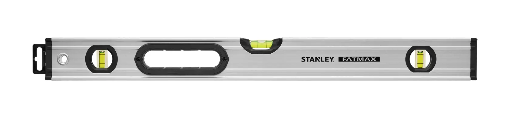Photo of STANLEY 0-43-625 spirit level, silver with three bubble vials and black accents, front angle on white background.