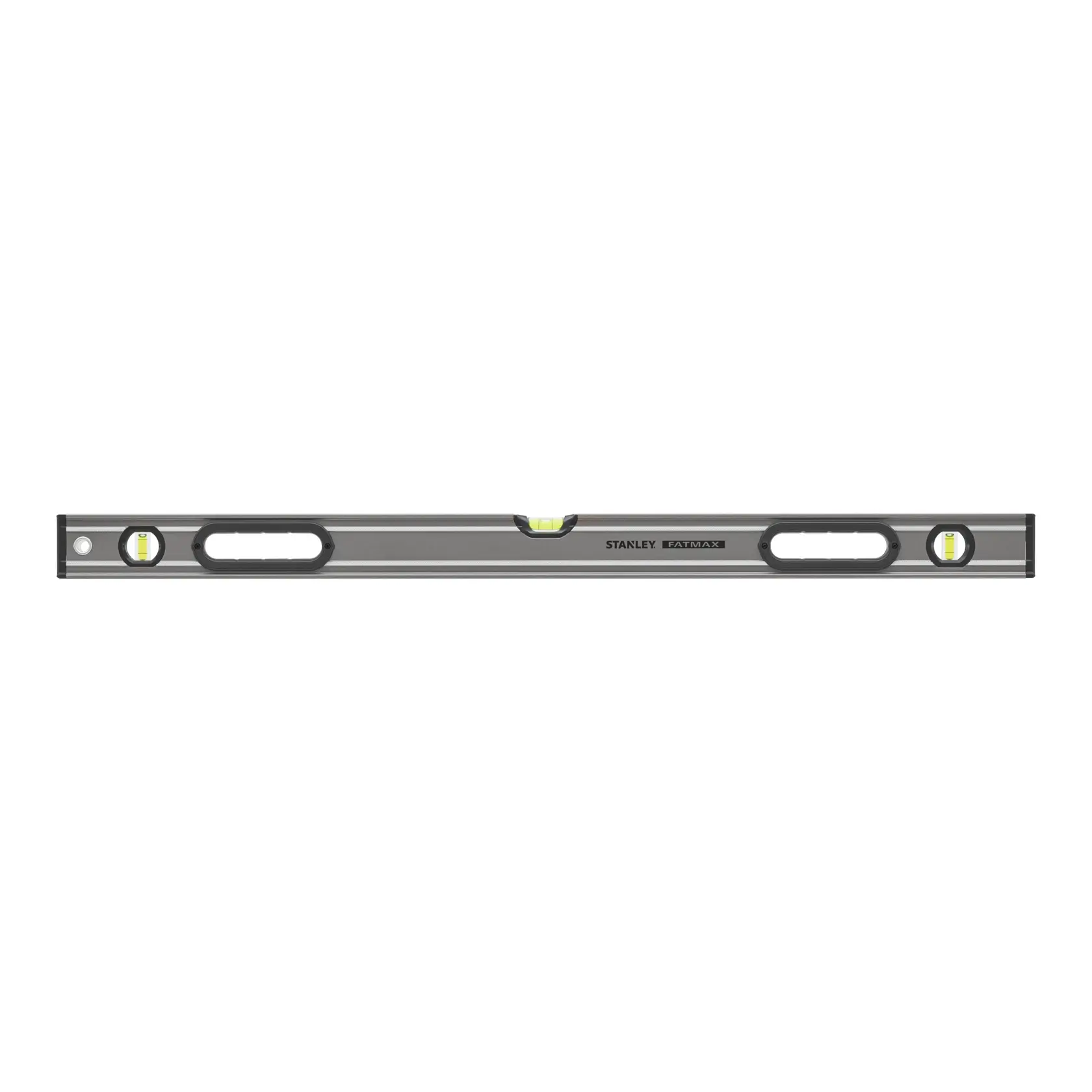 STANLEY 0-43-636 niveau à bulle, corps argenté avec extrémités noires, vue de face horizontale, trois fioles, marque FatMax.