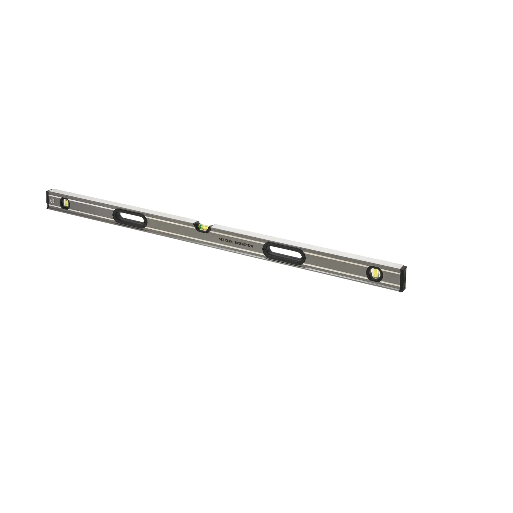 Stanley spirit level tool with three bubble vials, silver body, and black grips, used for measuring straight lines.