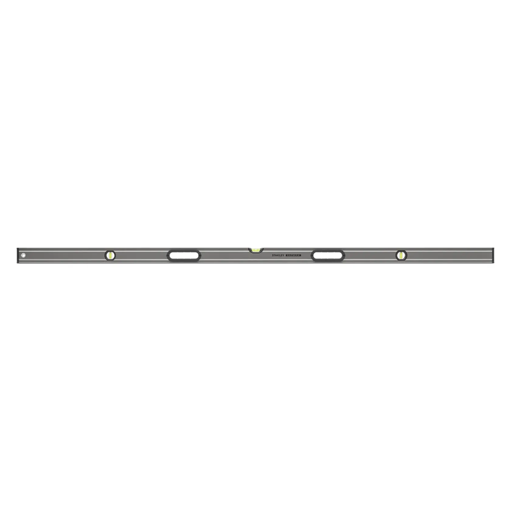 Photo of STANLEY 0-43-672 spirit level, silver finish, three bubble vials, top view, hand holes, for precise leveling.