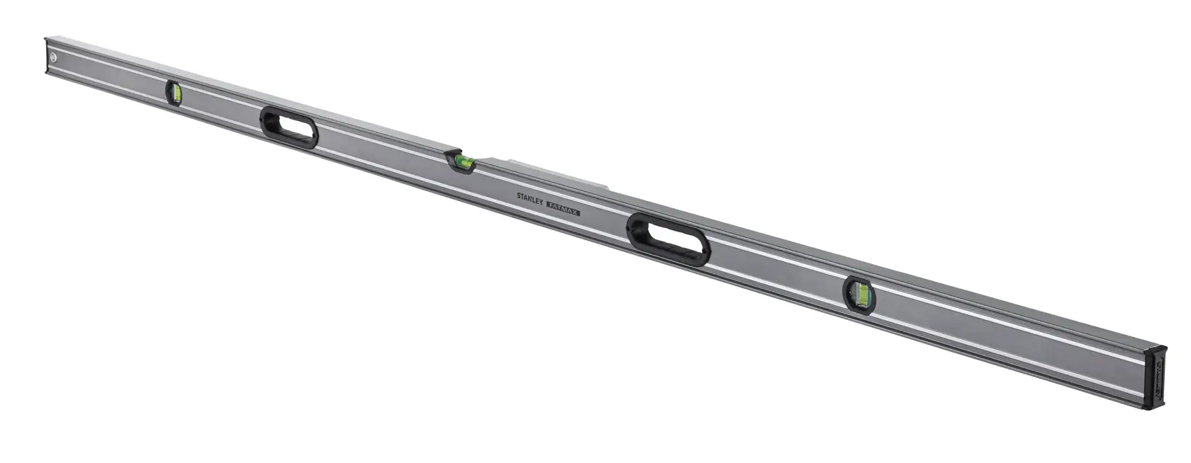 Stanley box spirit level with three vials and two handles, designed for precise leveling in photography and construction.
