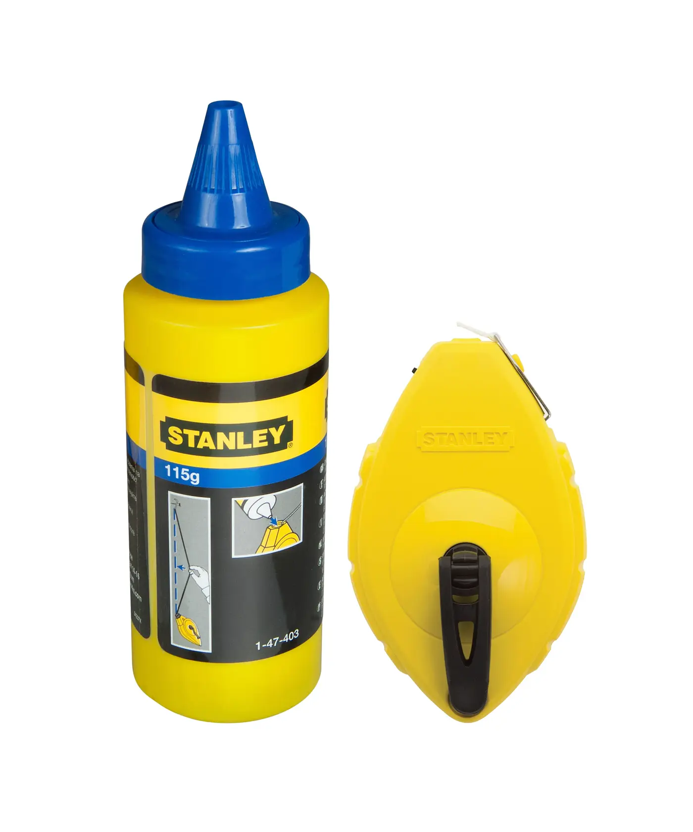 Bouteille de poudre à tracer et cordeau Stanley jaunes avec bleu, pour marquer des lignes droites.