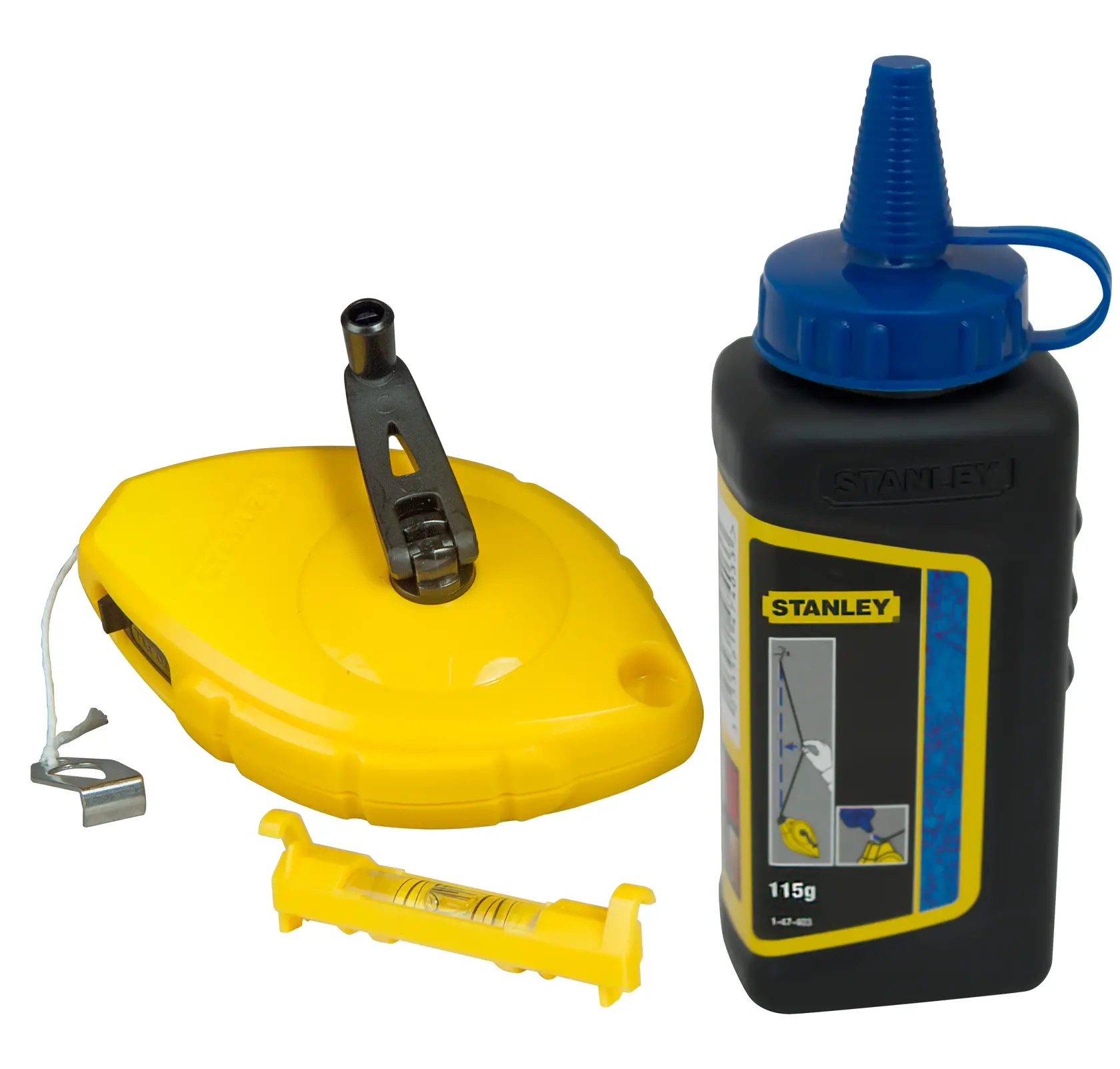 Kit Stanley avec corde à tracer jaune, flacon de poudre à craie et petit outil de nivellement.