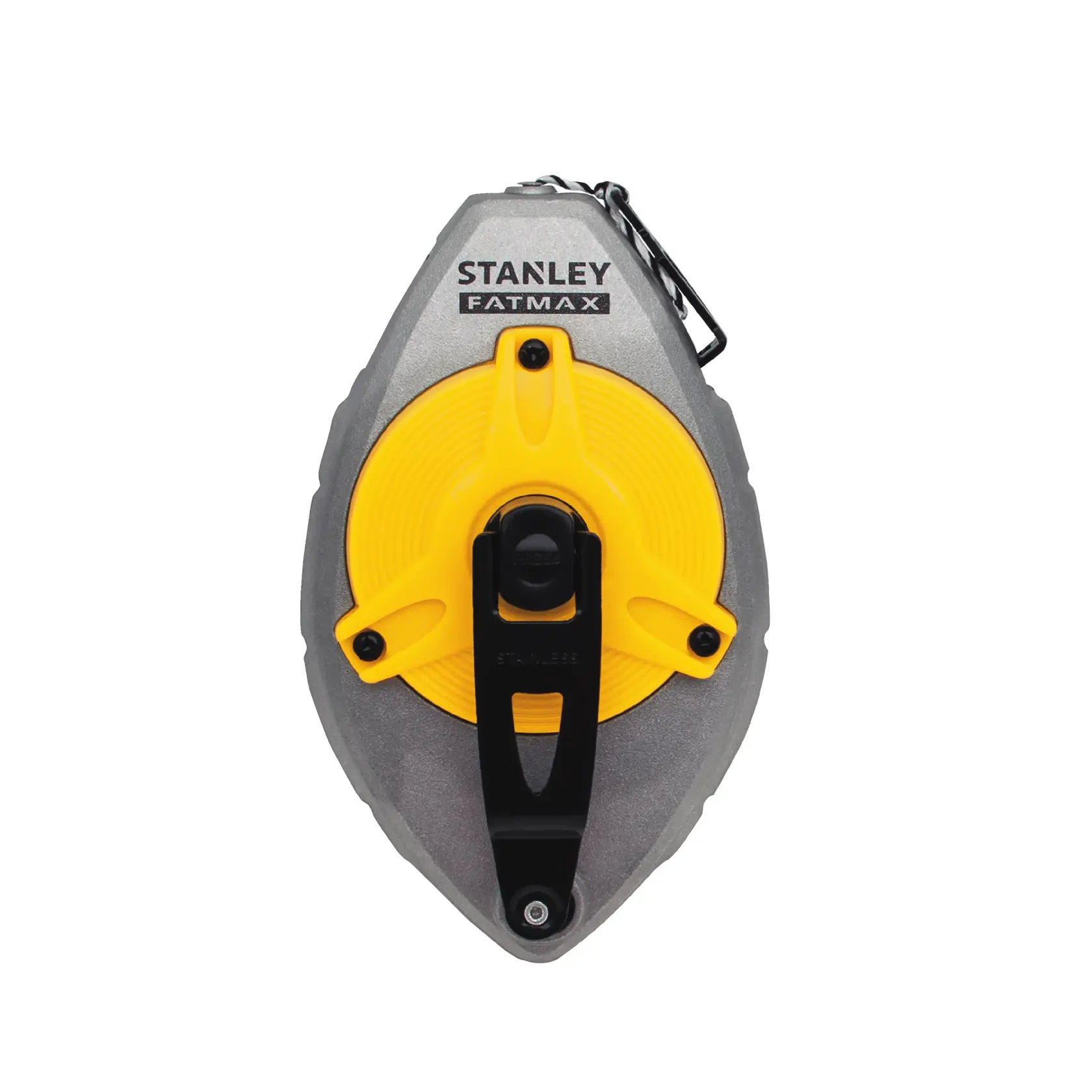 Stanley 0-47-480 chalk line reel, FATMAX series, gray and yellow, front view, white background.