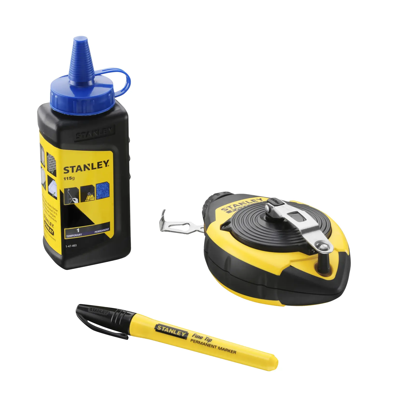 STANLEY 0-47-681 kit cordeau à tracer avec enrouleur jaune et noir, bouteille de poudre bleue et marqueur permanent jaune, vue de face.