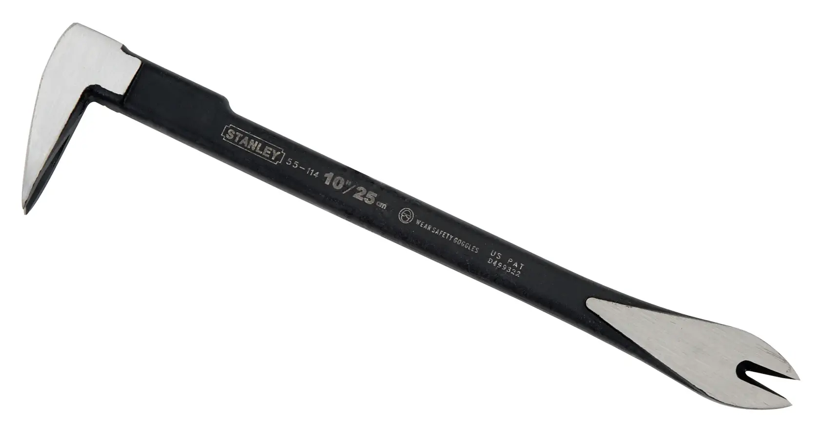Stanley 10" wrecking bar tool with angled claw and flat end, used for demolition and nail removal.