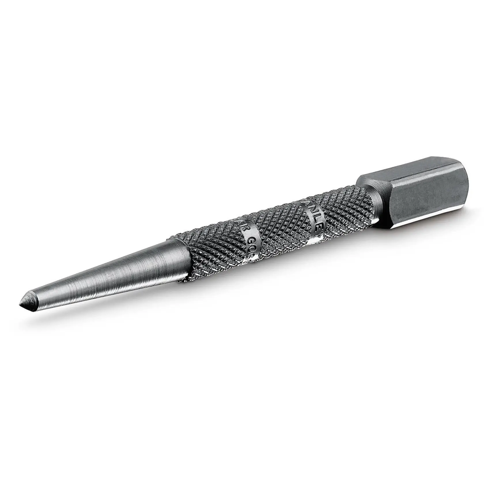 STANLEY 0-58-120 center punch with textured grip, steel body, side angle, white background.