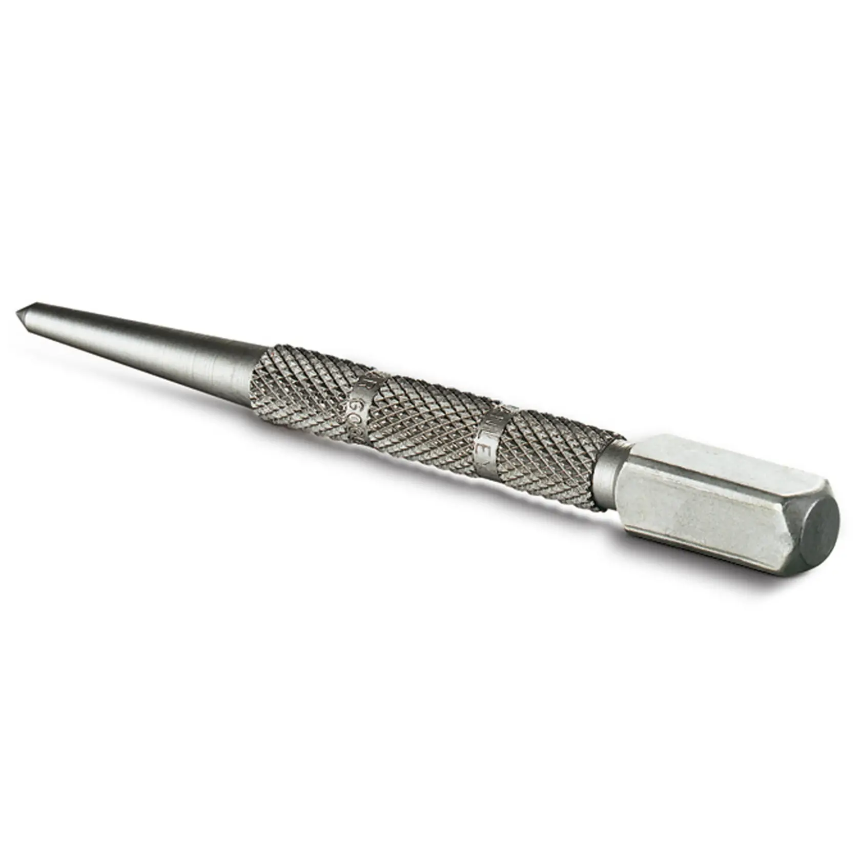 STANLEY 0-58-120 steel centre punch with knurled grip, photography of tool on white background.
