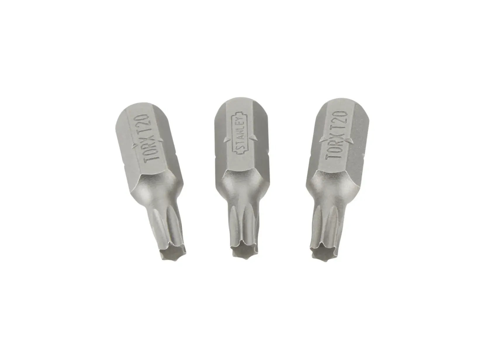 Front view photo of STANLEY 0-68-842 silver Torx screwdriver bits, set of three, on white background.