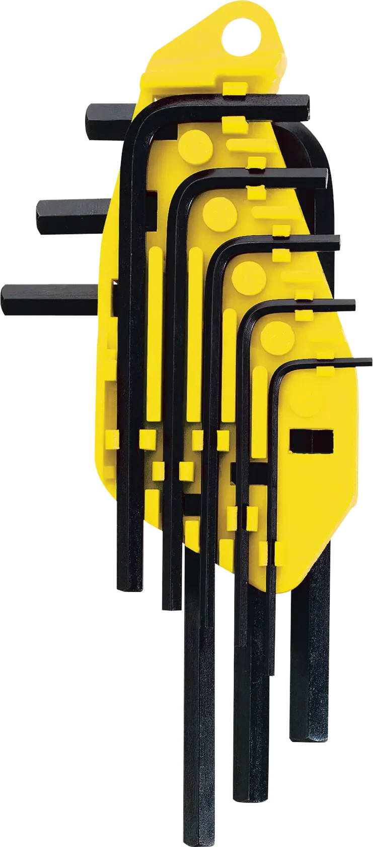 STANLEY 69-251 hex key set with black L-shaped wrenches in yellow holder, front angle on white background.