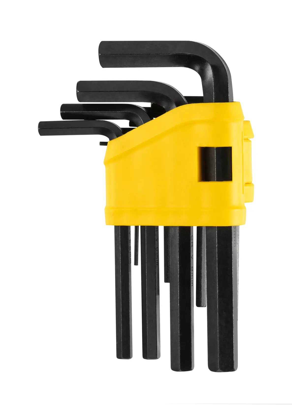 STANLEY 0-69-253 Inbusschlüssel-Set mit schwarzen L-Schlüsseln in gelbem Halter, Seitenansicht auf weißem Hintergrund.
