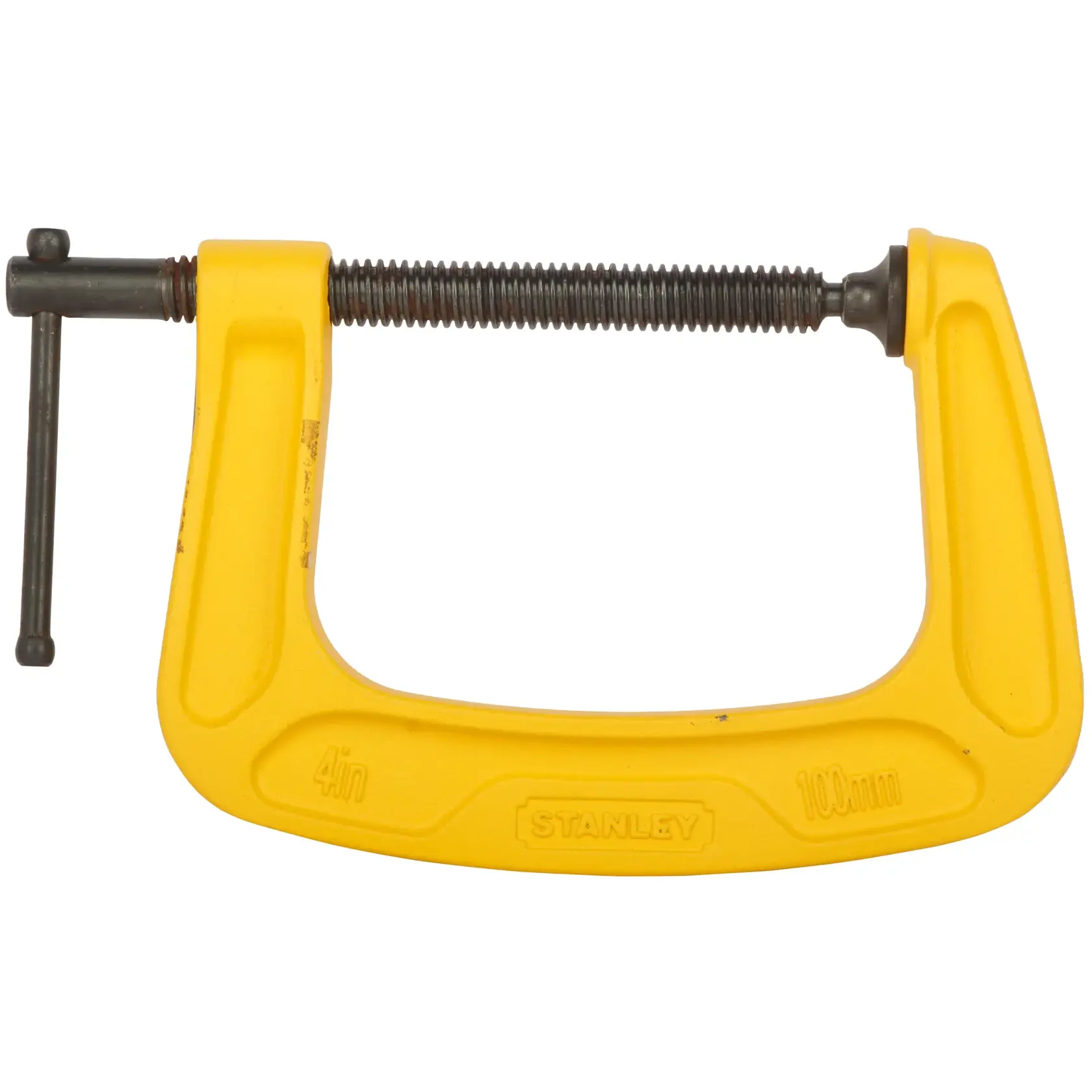 STANLEY 0-83-034 yellow 4in C-clamp with black screw, front view on white background.