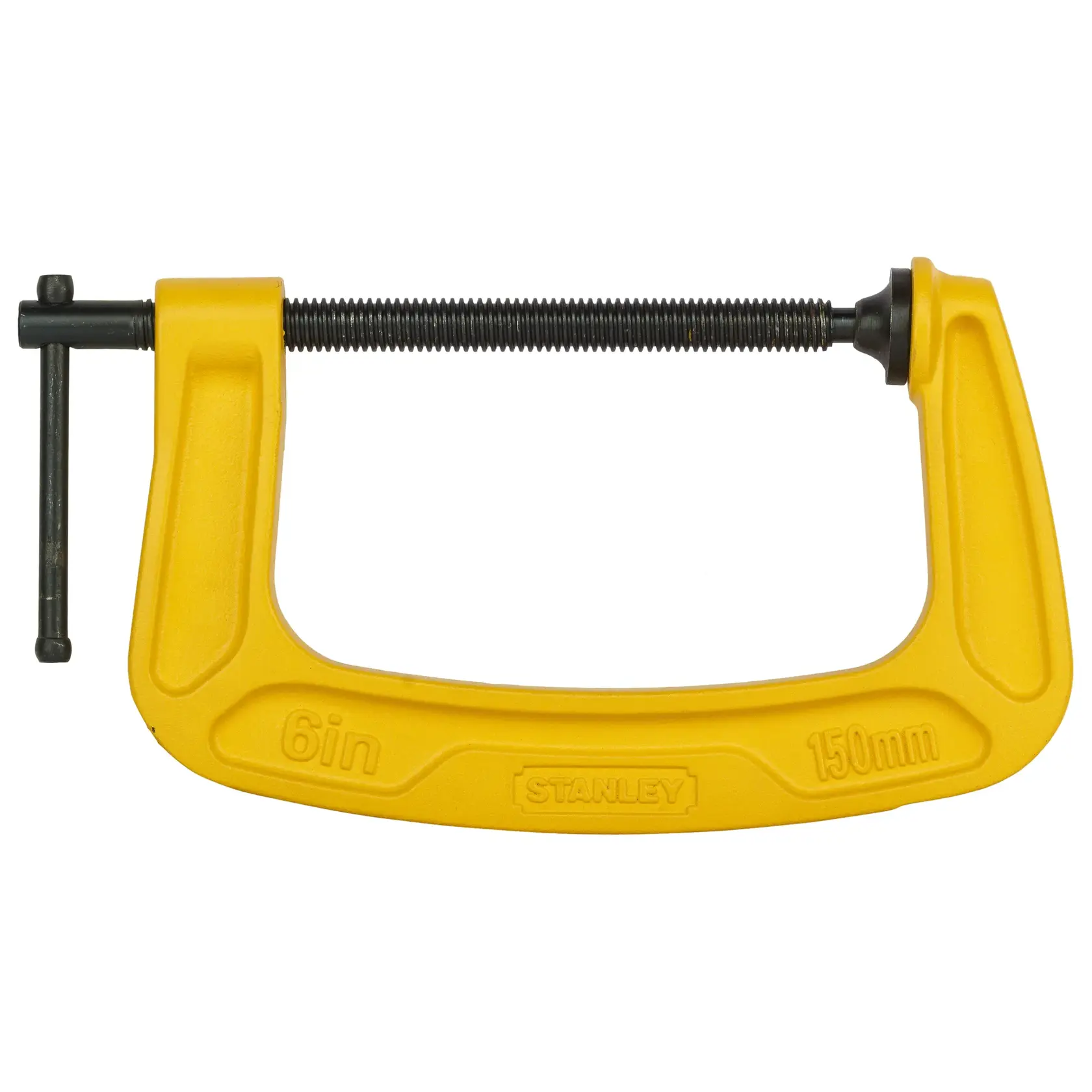 STANLEY 0-83-035 6in yellow C-clamp, side angle on white background, metal screw and handle visible.