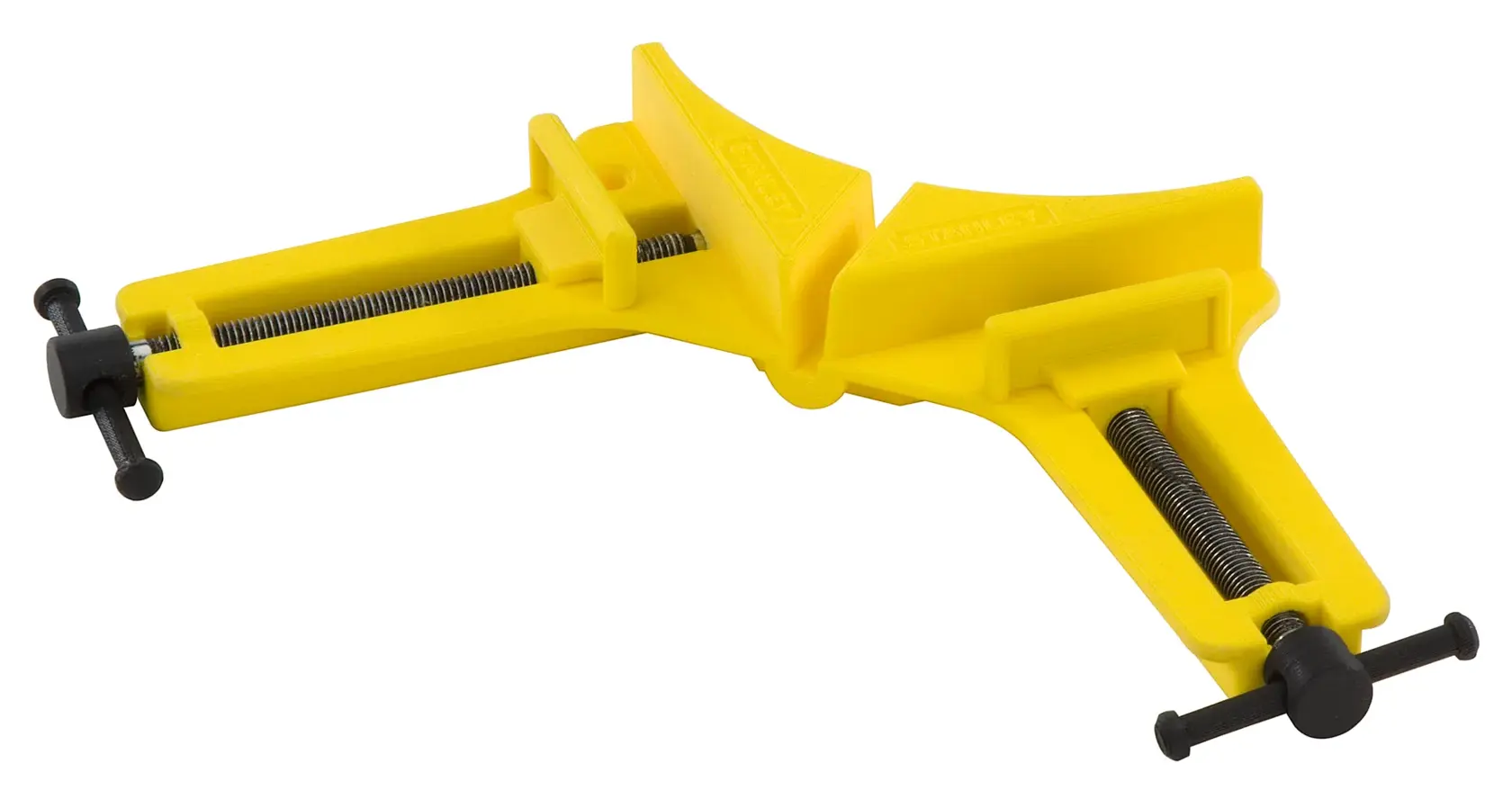 STANLEY 0-83-121 serre-joint d'angle jaune pour travail du bois, vue latérale sur fond blanc.