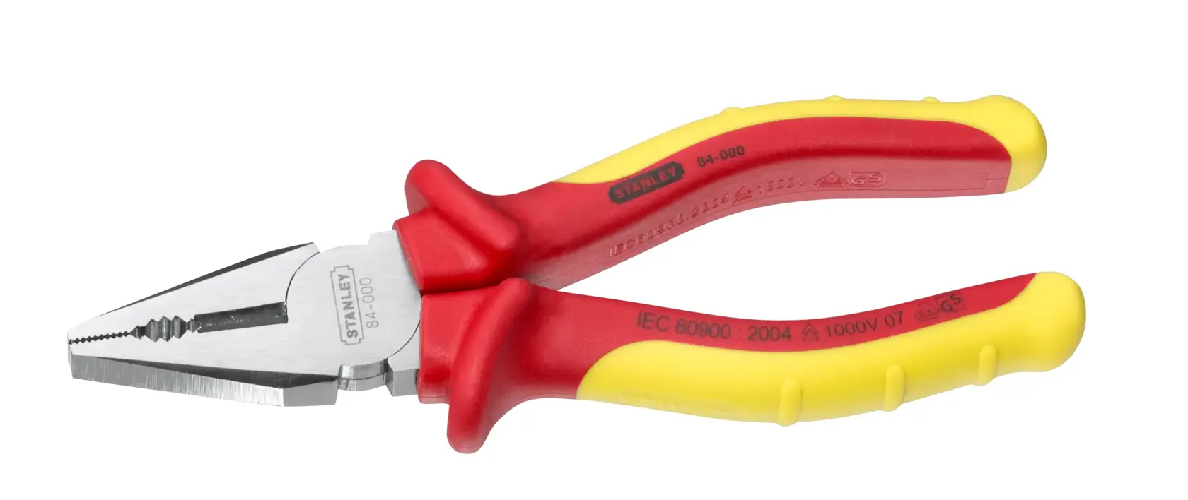 Stanley insulated combination pliers with red and yellow handles, photographed on a white background.
