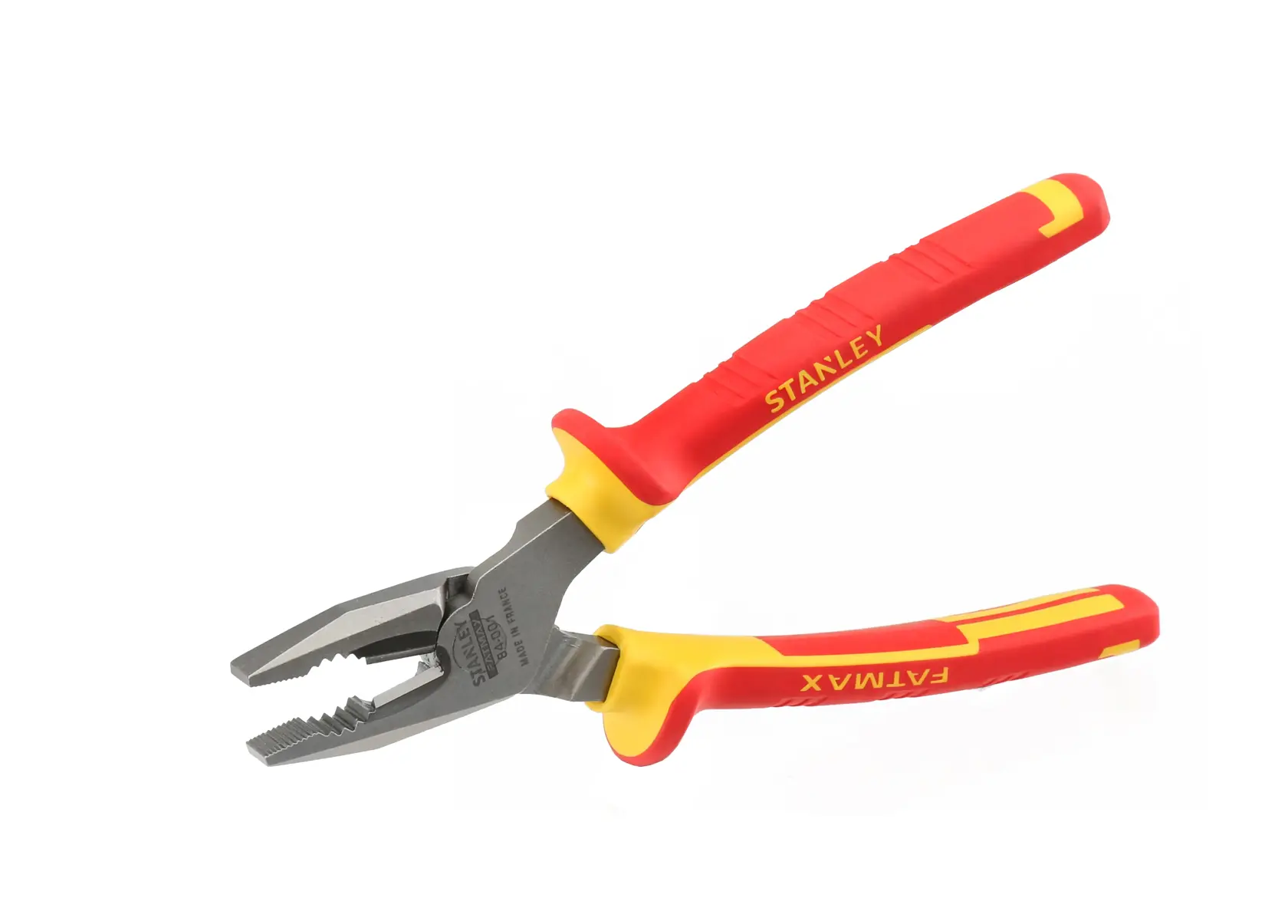 STANLEY 0-84-001 insulated combination pliers with red and yellow handles, product side view on white background.