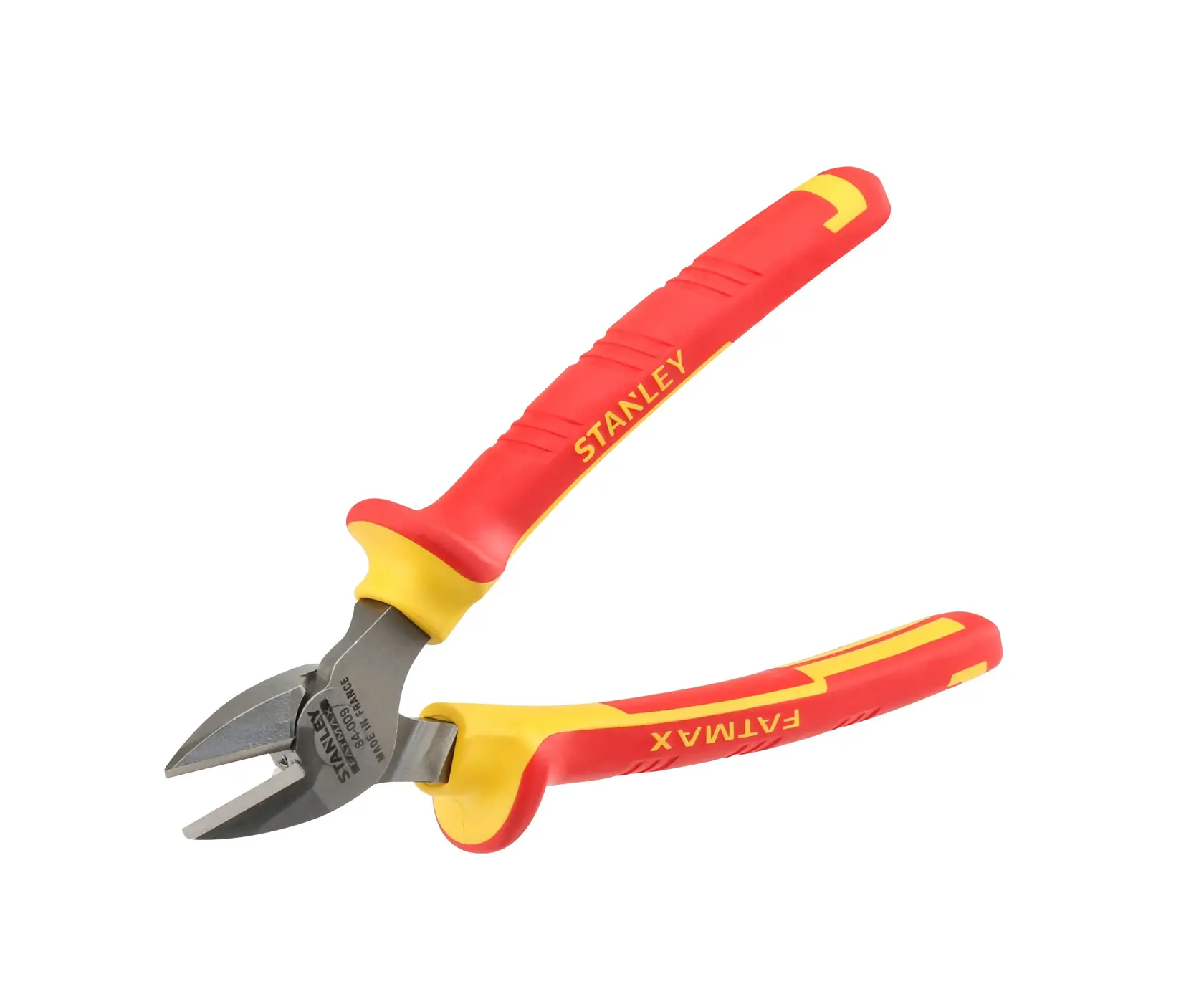 Pince coupante diagonale isolée STANLEY 0-84-009 avec poignées rouges et jaunes, vue latérale du produit.