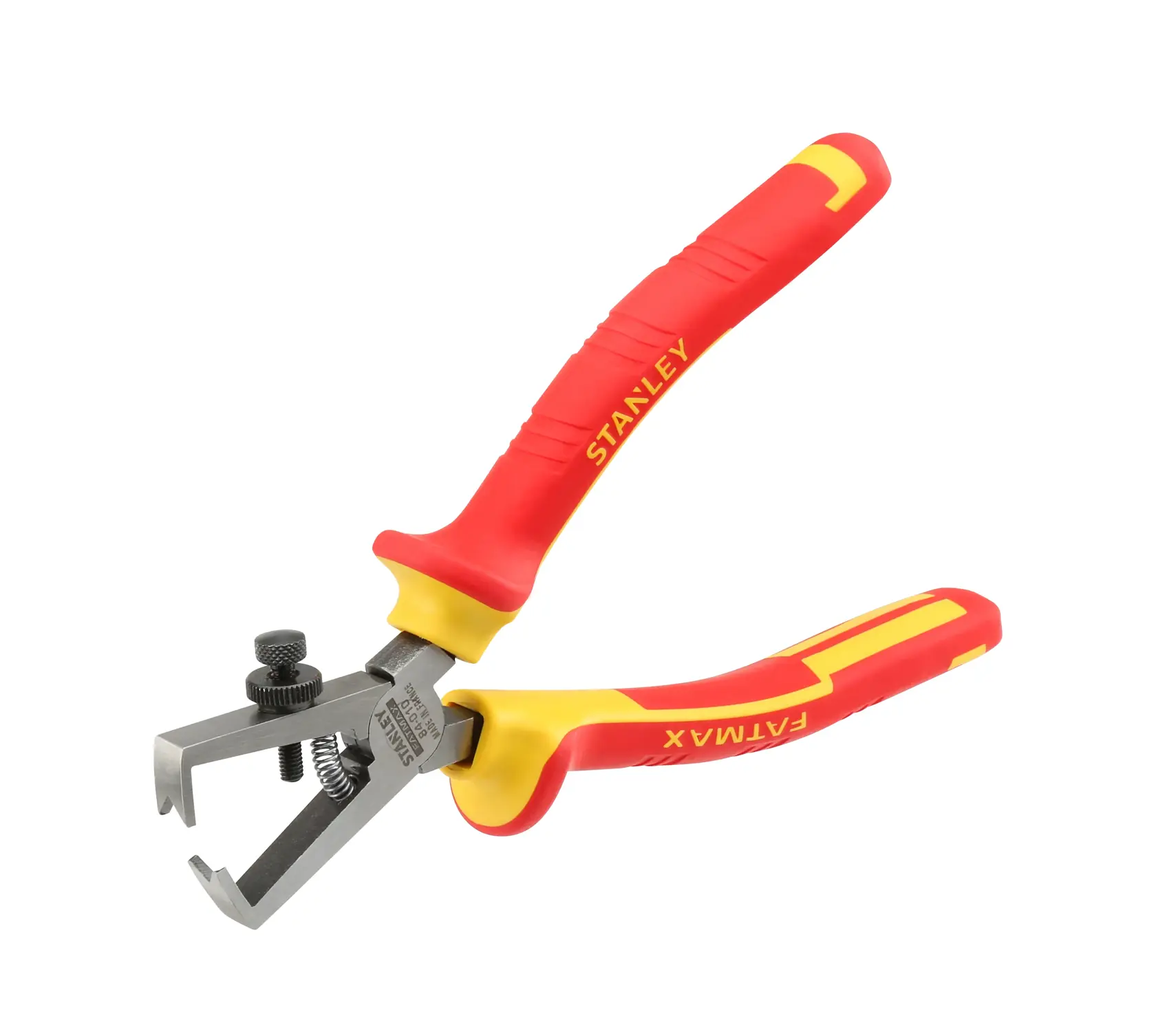 STANLEY 0-84-010 insulated wire stripper pliers with red and yellow handles, angled on white background.