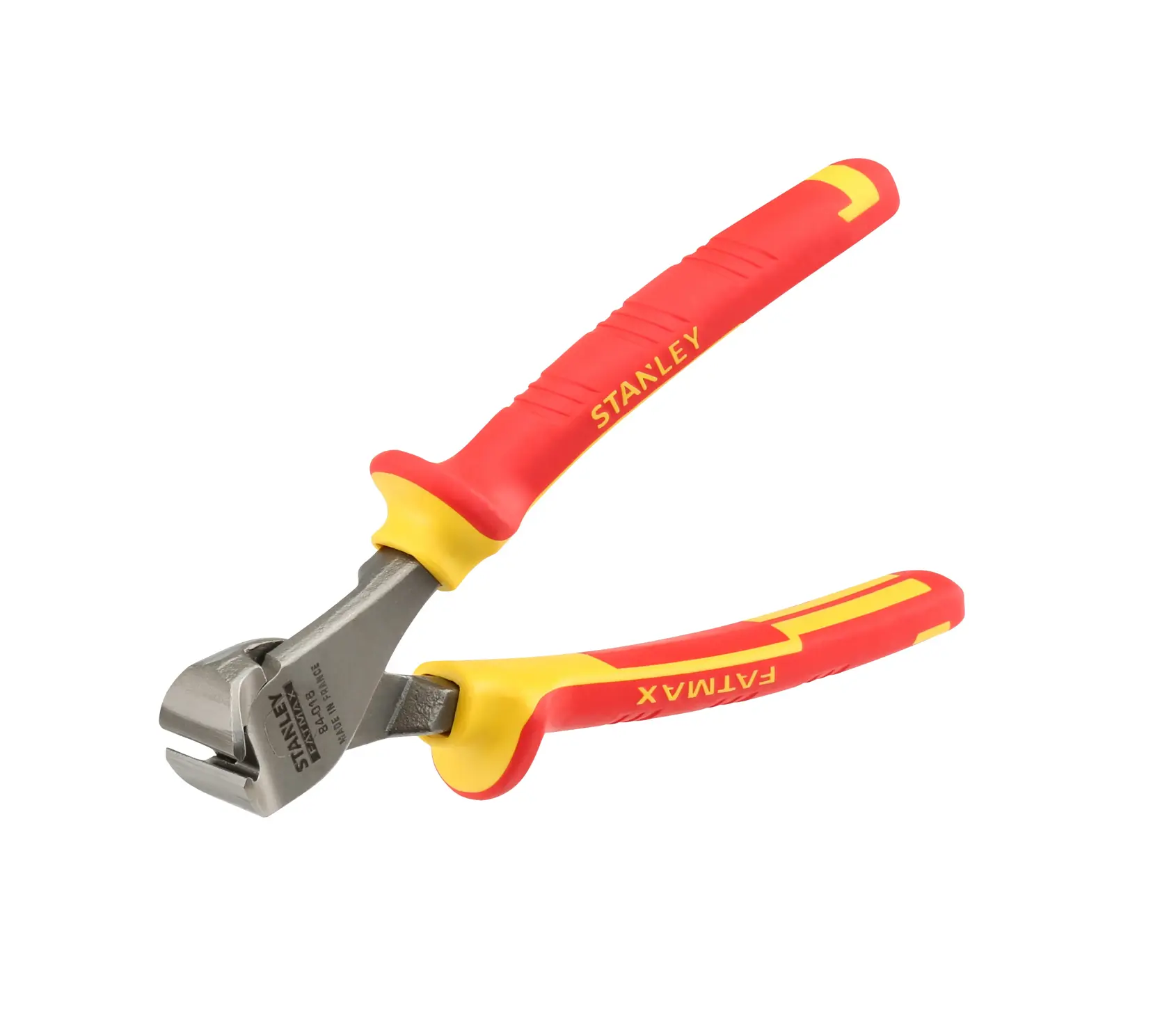 Insulated Stanley cutting pliers with red and yellow handles, designed for electrical work.