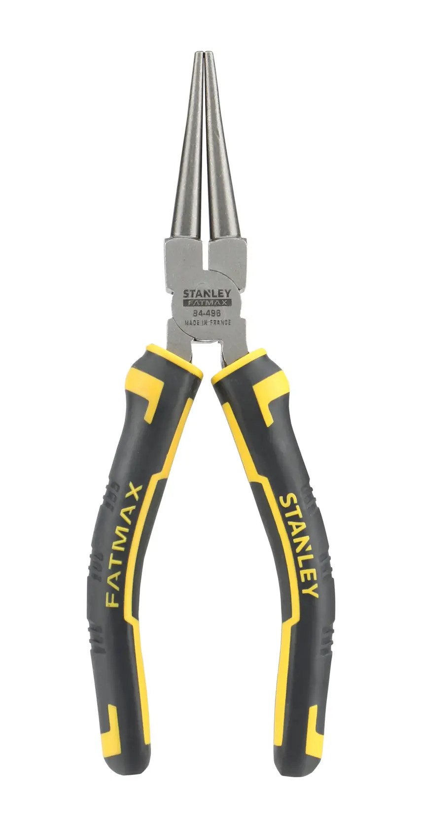STANLEY 0-84-496 round nose pliers with black and yellow handles, photography on white background, hand tool.