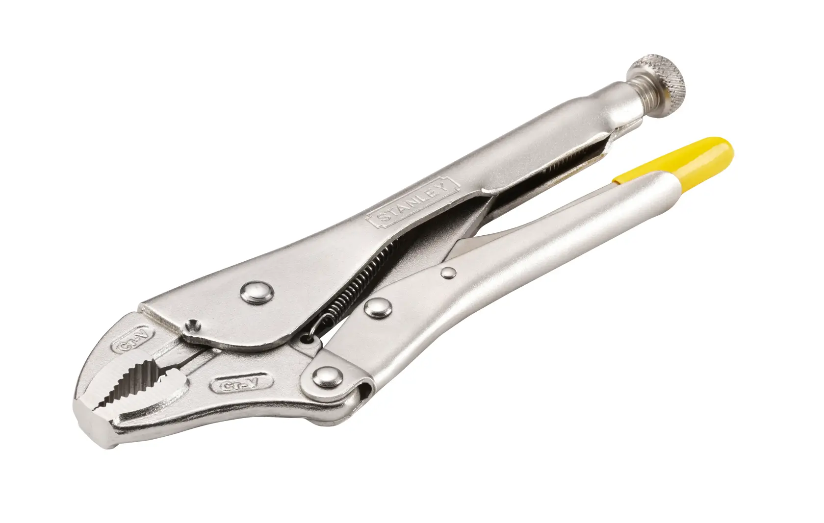 STANLEY 0-84-809 pince-étau finition métal argenté avec embout de manche jaune, vue latérale sur fond blanc.