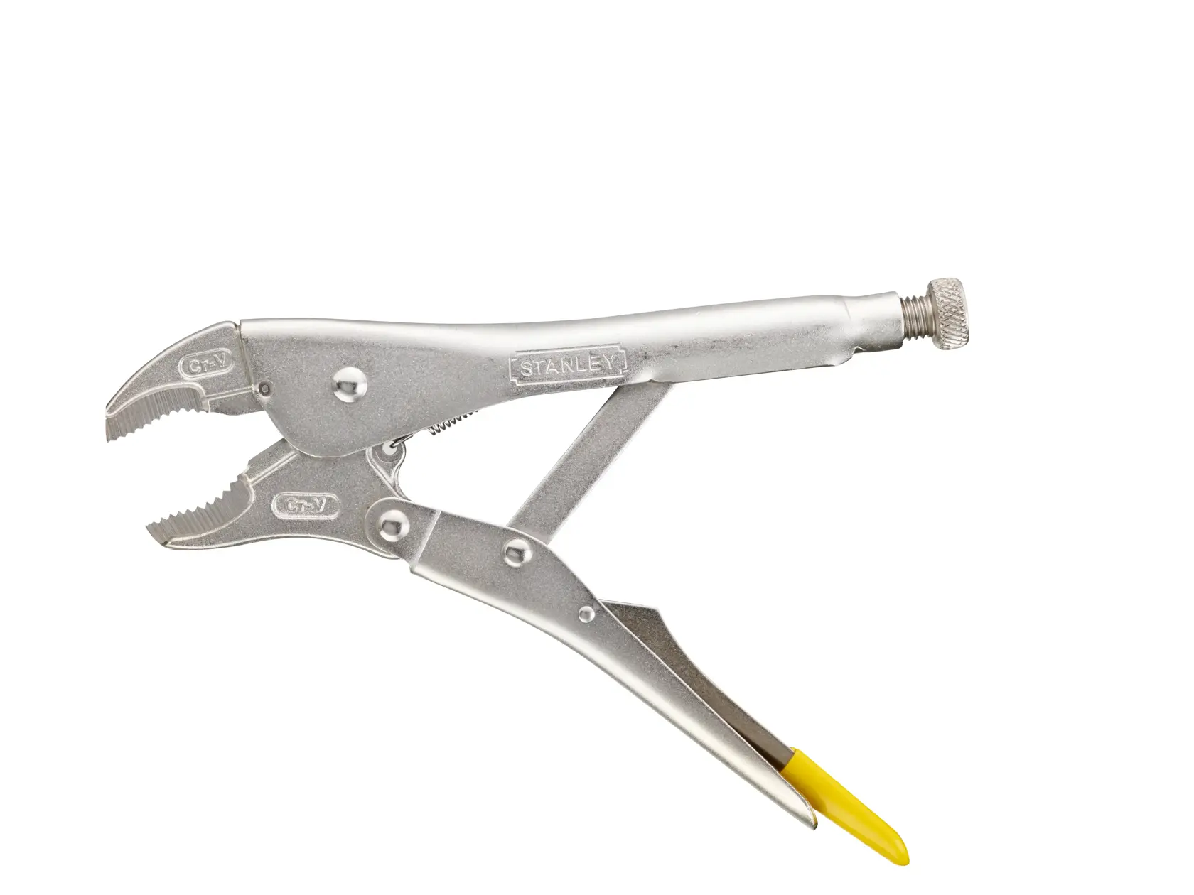 STANLEY 0-84-809 adjustable locking pliers with curved jaws and yellow grip, side view on white background.