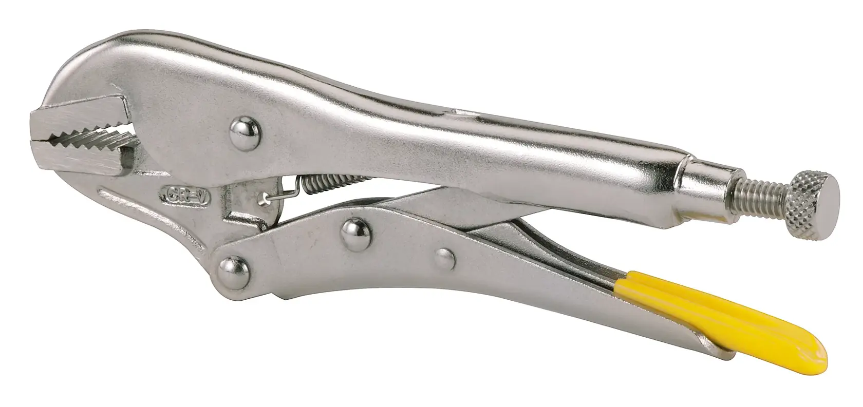 Pince étau STANLEY 0-84-810 avec finition chromée et poignée jaune, vue latérale du produit sur fond blanc.