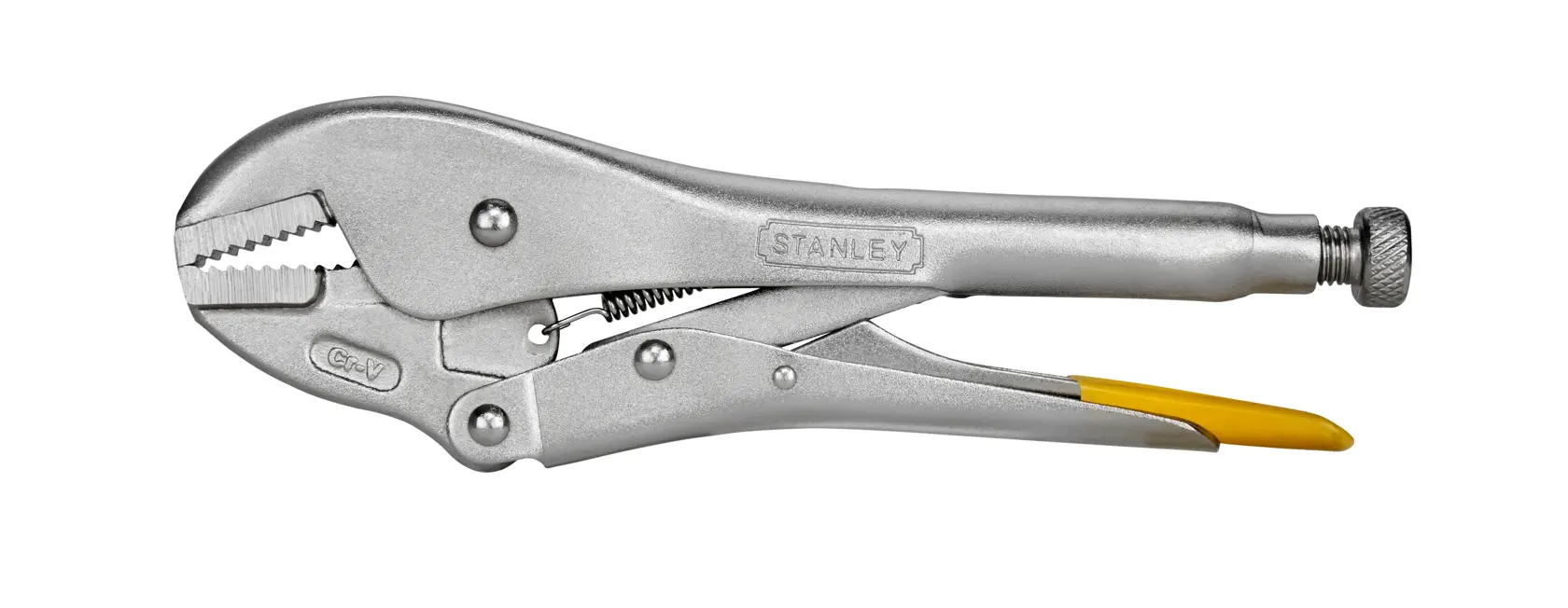 STANLEY 0-84-811 pince-étau, métal argenté avec poignée jaune, vue latérale sur fond blanc.