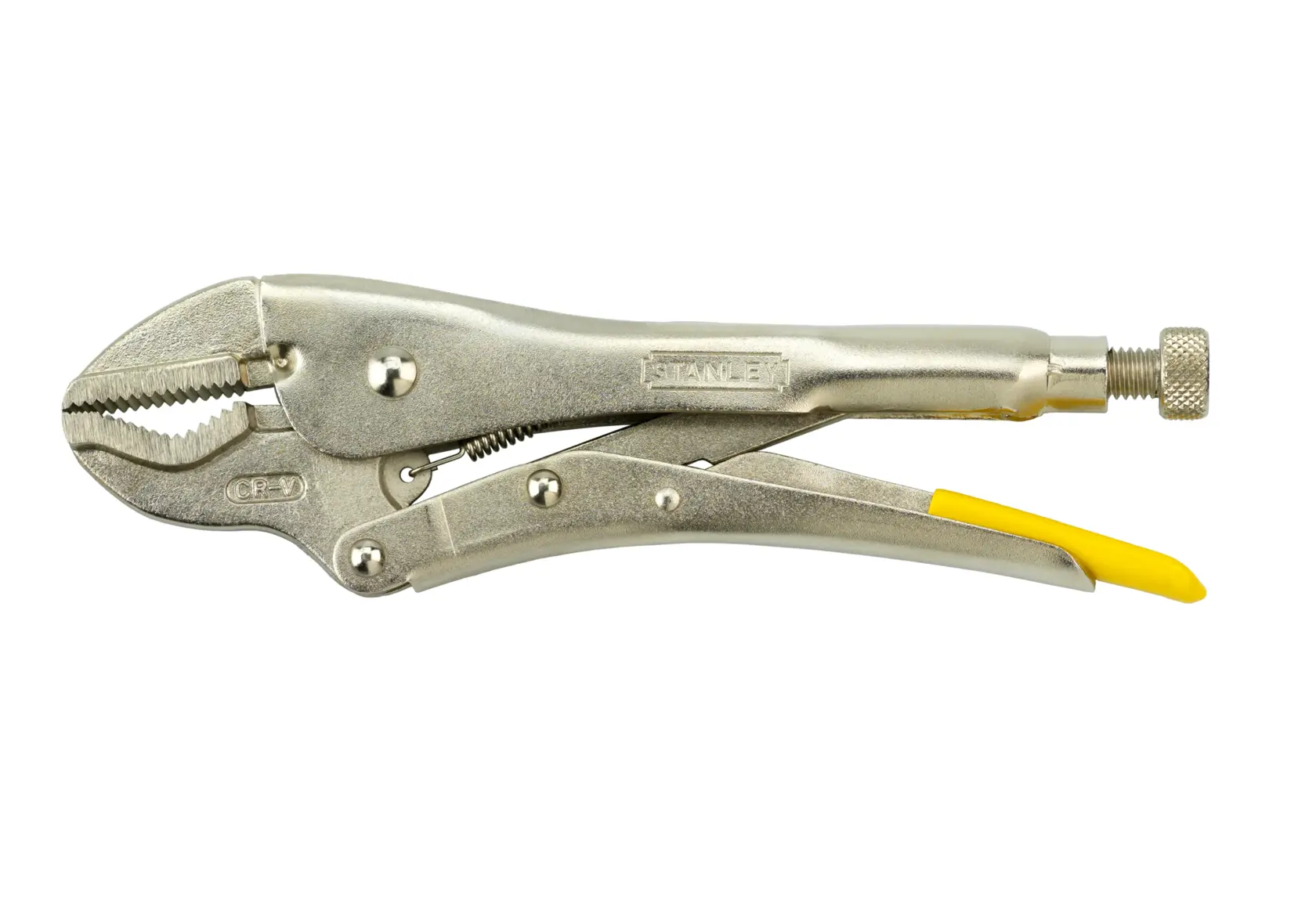 Metal locking pliers with curved jaws and yellow grip, shown on a white background.