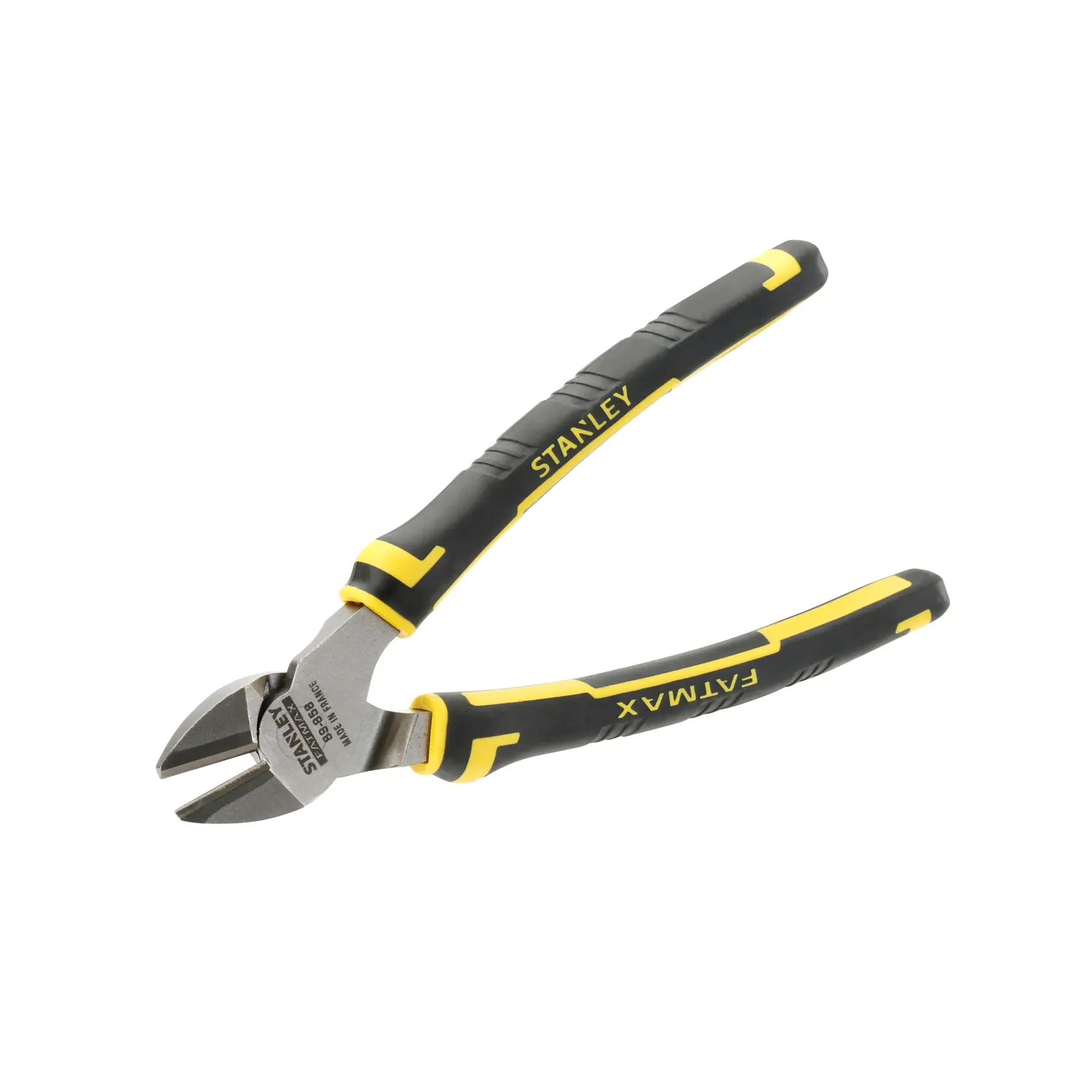 Pinces coupantes diagonales STANLEY 0-89-858 avec poignées ergonomiques noires et jaunes, vue latérale sur fond blanc.