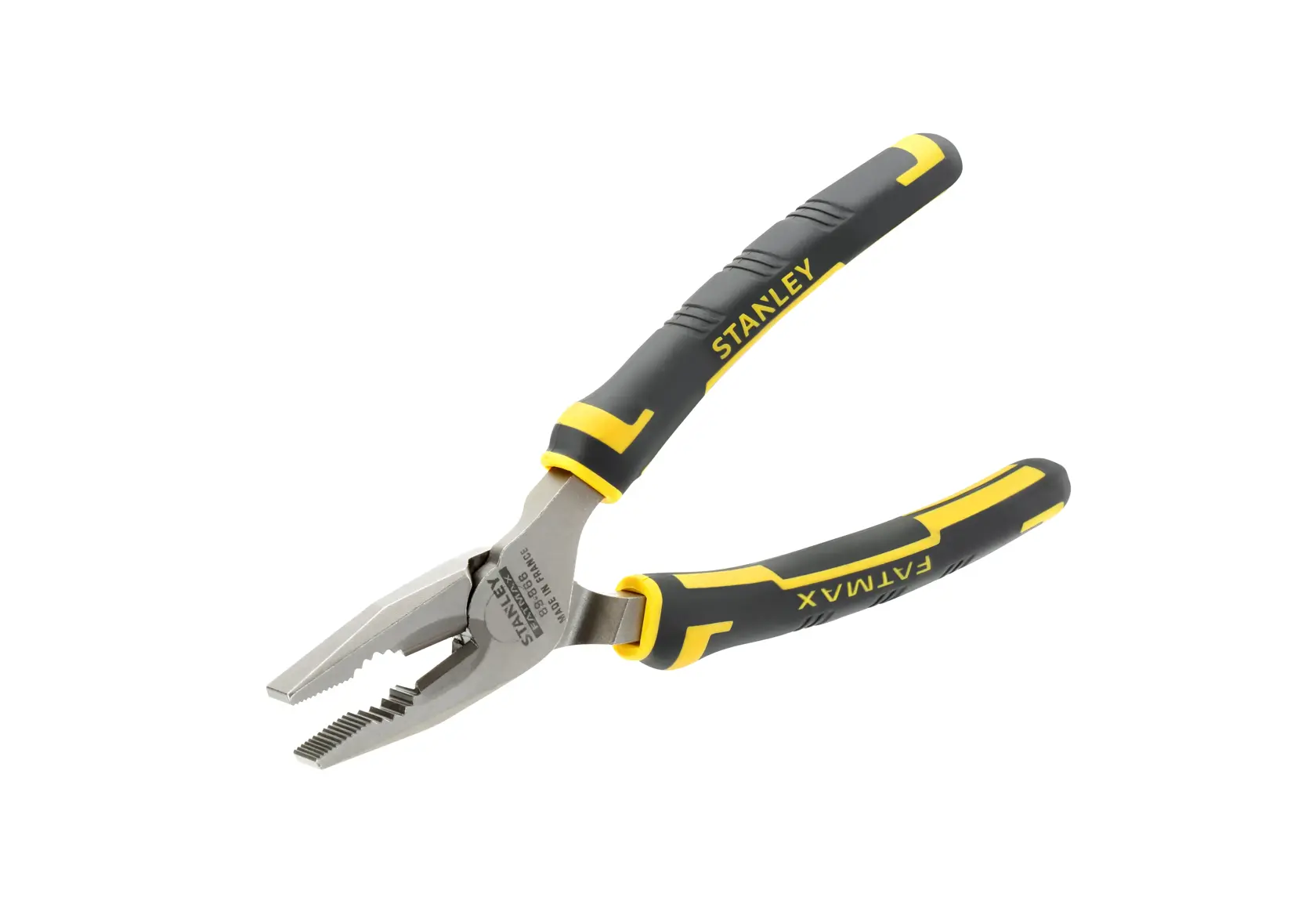 STANLEY 0-89-866 combination pliers with yellow and black handles, angled view on white background.