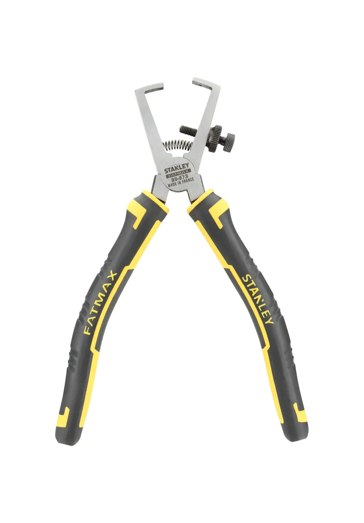 Pinza STANLEY 0-89-873 nera e gialla con impugnatura FATMAX tenuta in mano, vista ravvicinata.