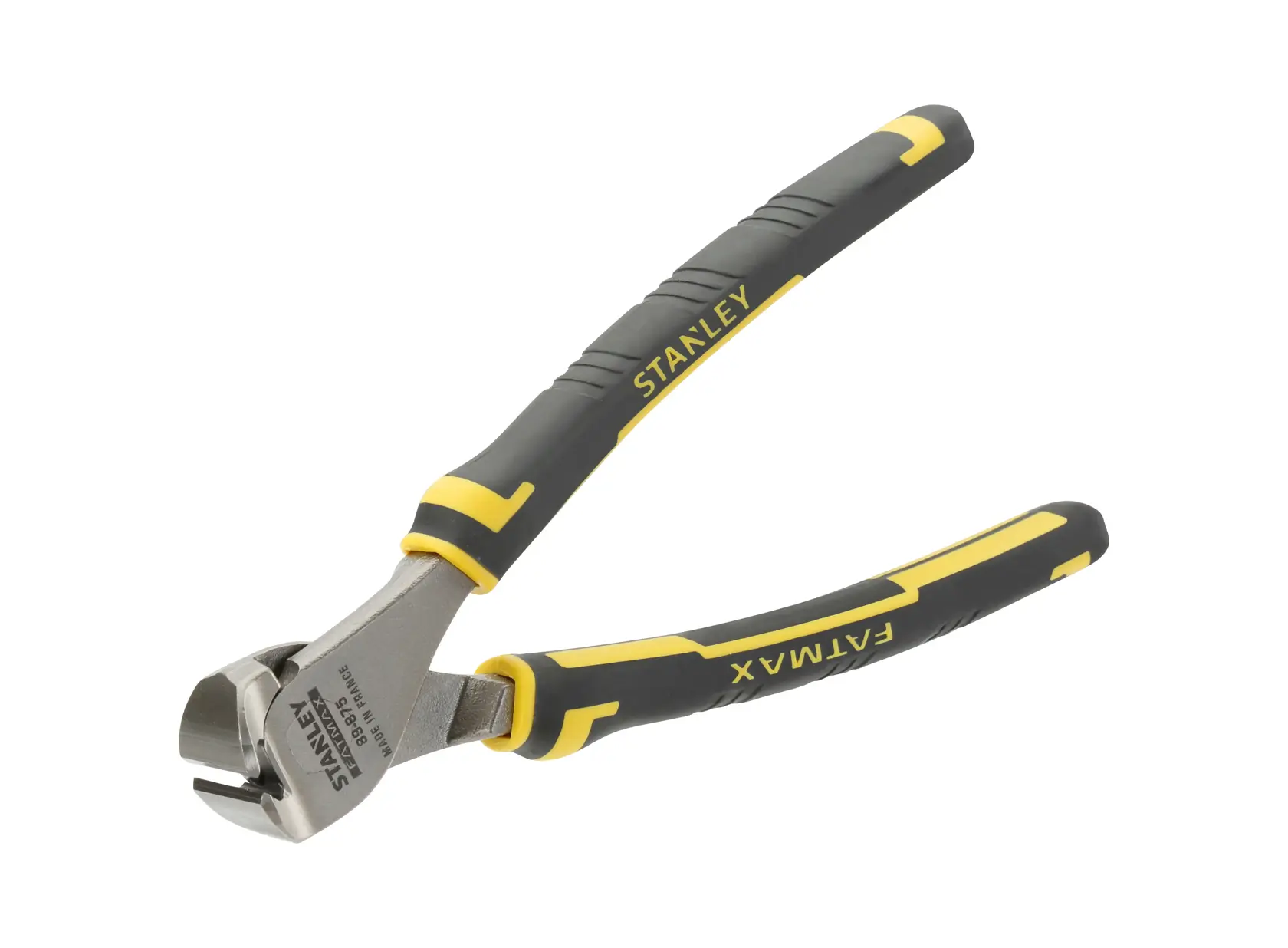 Stanley FatMax diagonal cutting pliers with yellow and black handles, angled for precise wire cutting.