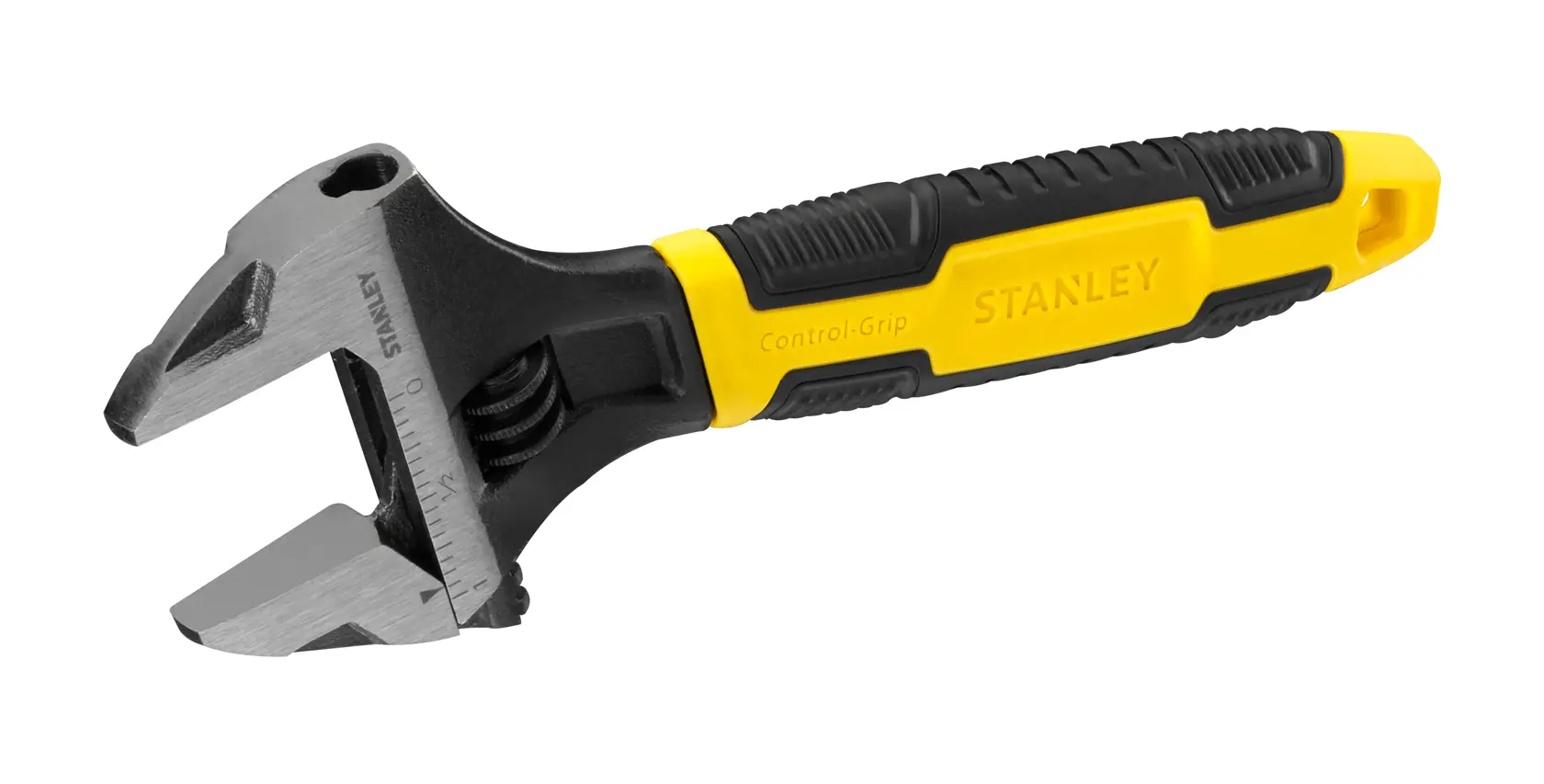 Clé à molette avec poignée Stanley jaune et noire, adaptée à différentes tailles de boulons.